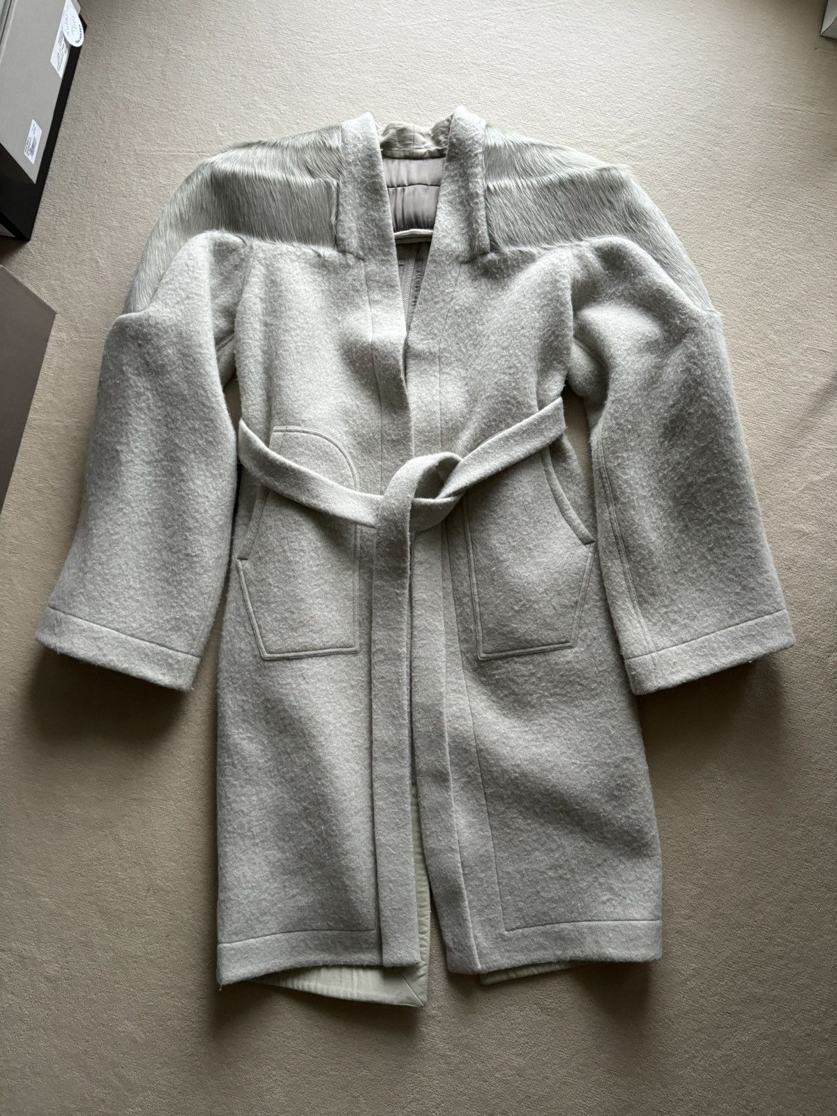 image of Rick Owens New | Sample Fw22 Strobe Girdered Dagger Belted Alpaca Coat in Pearl Grey (Size Large)