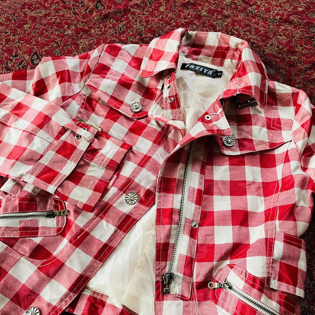 image of Avant Garde Y2K Silk Plaid Double Collar Jacket in Red White, Women's (Size Medium)