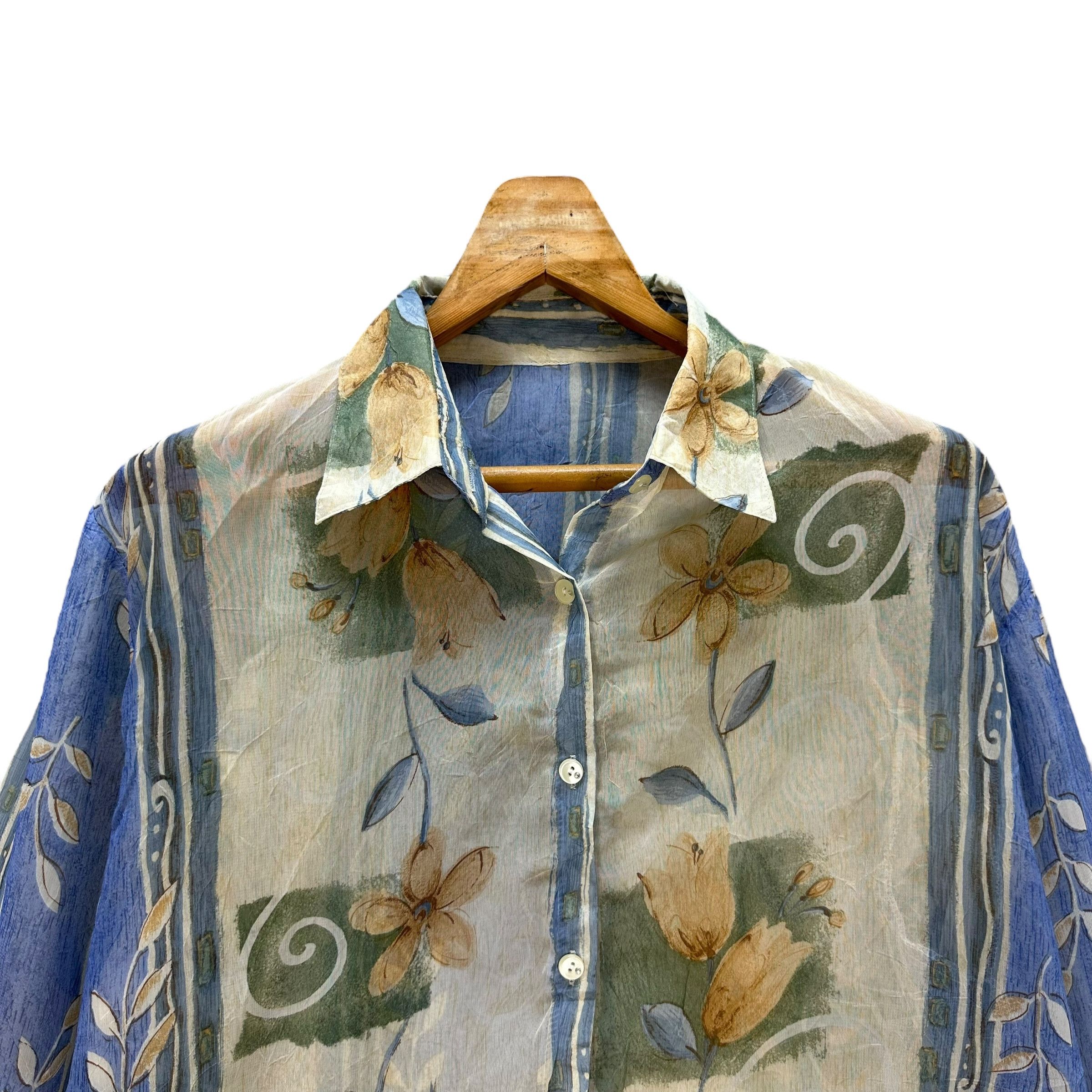 Vintage Flower Graphic Printed Poly Thin Button Shirt #9184-67 Size L / US 10 / IT 46 - 2 Thumbnail