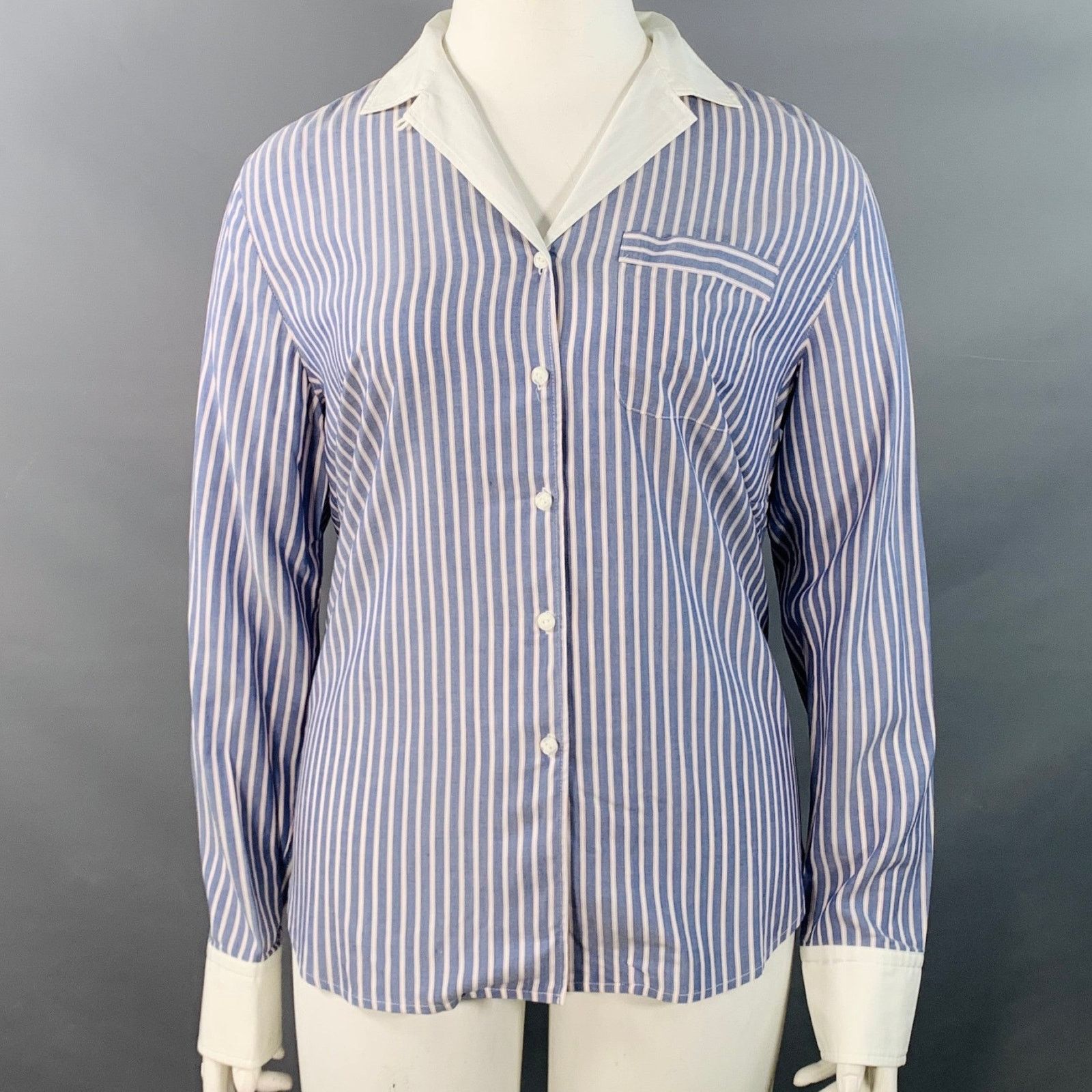 Rag & Bone RAG & BONE Blue White Rayon Cotton Stripe One Pocket Shirt Size L / US 10 / IT 46 - 1 Thumbnail