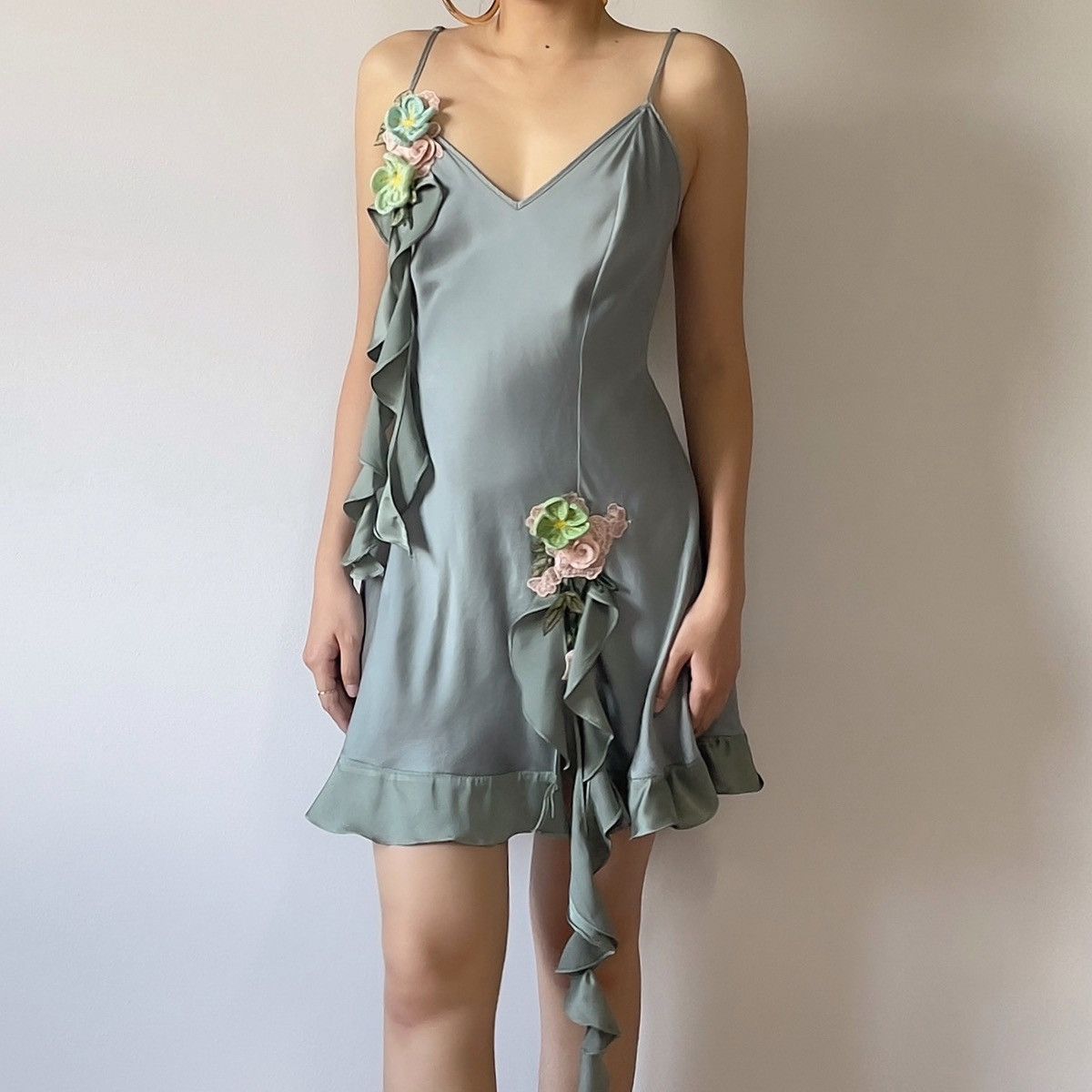 Victoria's Secret × Vintage Special! Romantic VS Dusty Green Silk Mini Dress (Medium) Size M / US 6-8 / IT 42-44 - 6 Thumbnail