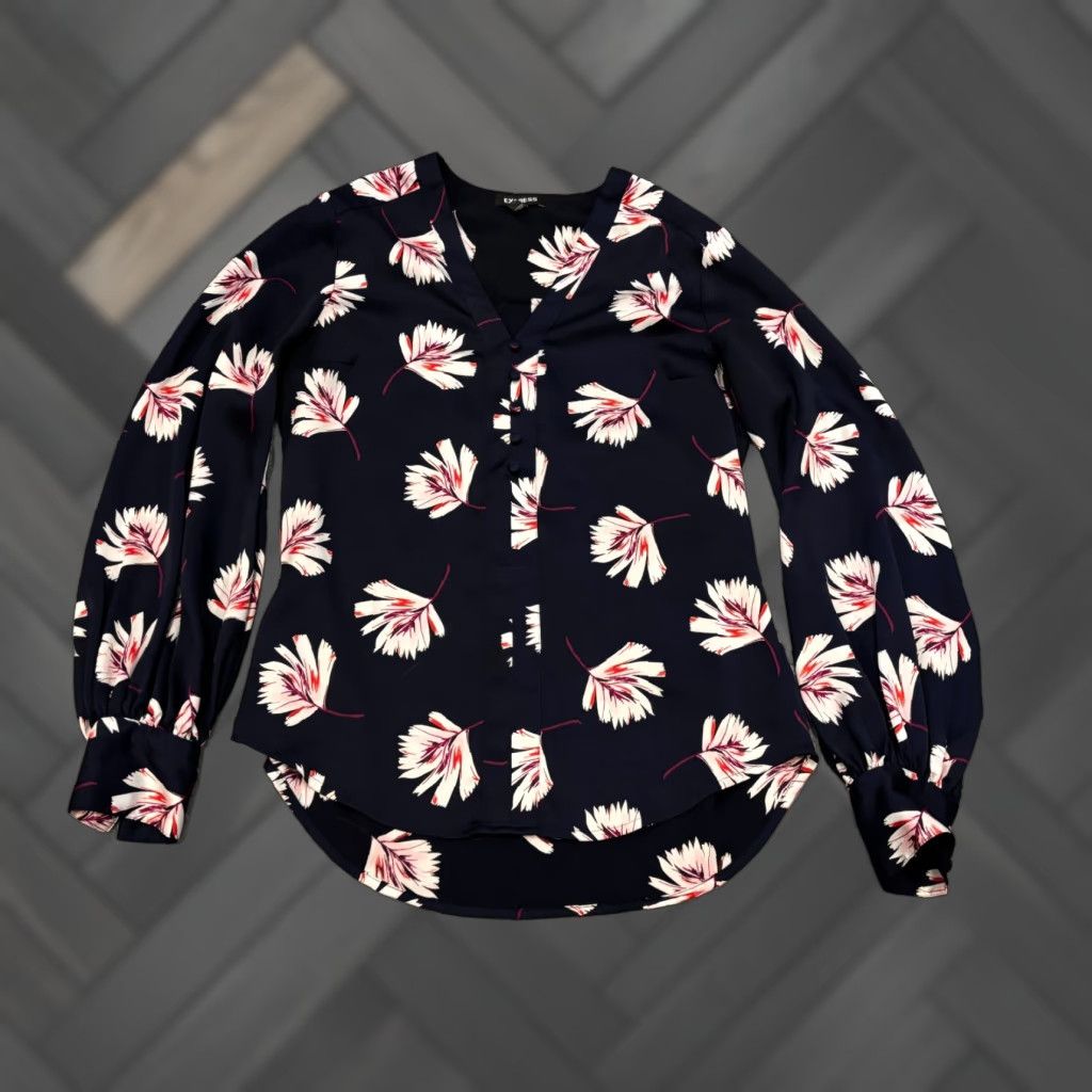 Express Express Blouse Womens Small Navy Blue Floral Long Sleeve Top Buttons V Neck Size S / US 4 / IT 40 - 1 Thumbnail