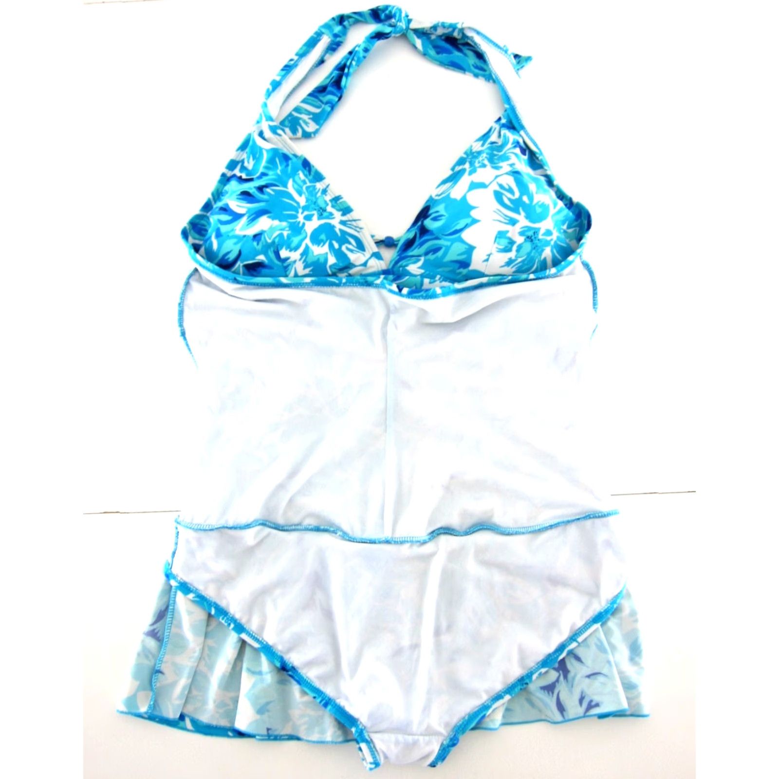 Vintage Fashion Bug One Piece Swimsuit Dress Women 20 Blue White Floral Halter Slimming Beach Polyester Spandex Nylon Vintage No Dress? Size 3XL / US 20-22 - 4 Thumbnail