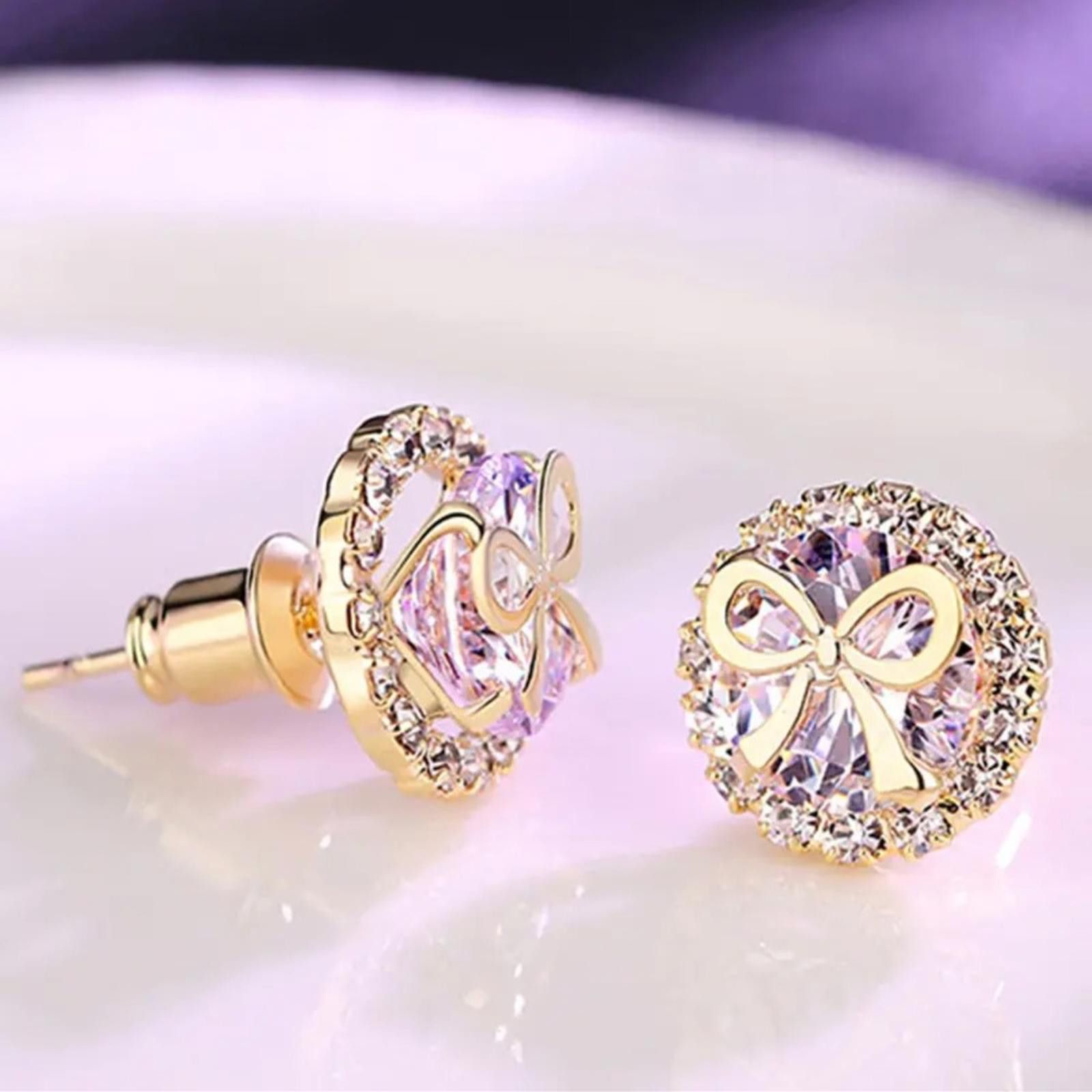 Designer Gold And Purple Bow Stud Earrings NWT Size ONE SIZE - 1 Thumbnail