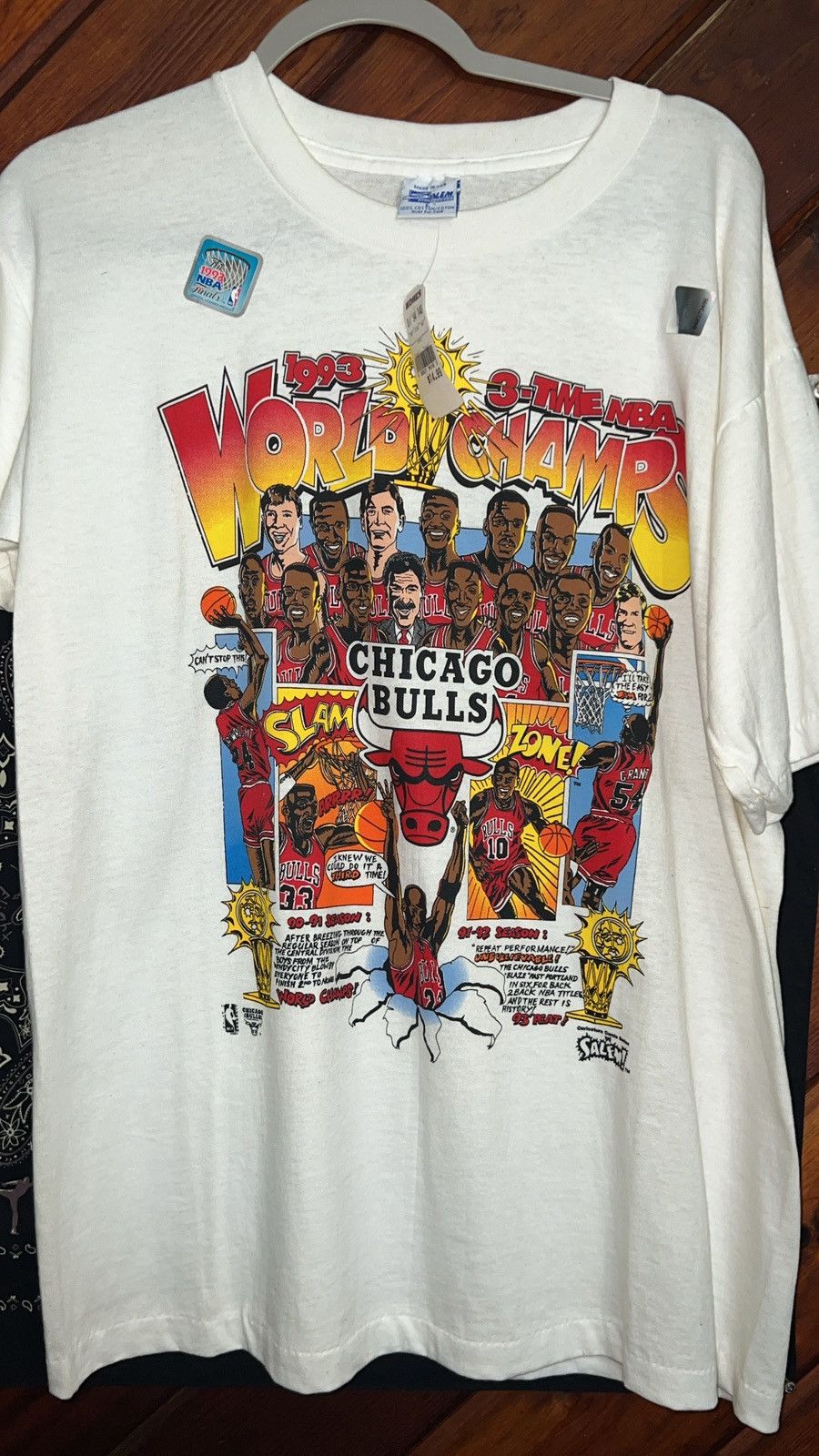 image of Jordan Vintage 1993 Bulls Three Peat Championship Shirt Comic Style in White, Men's (Size Large)