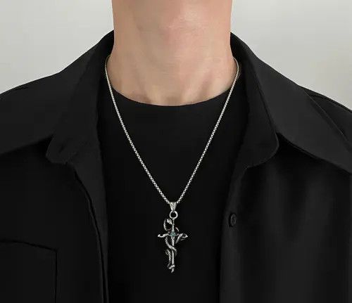 Jewelry Silver Snake & Cross - Blue Gemstone Pendant Necklace Size ONE SIZE - 2 Thumbnail
