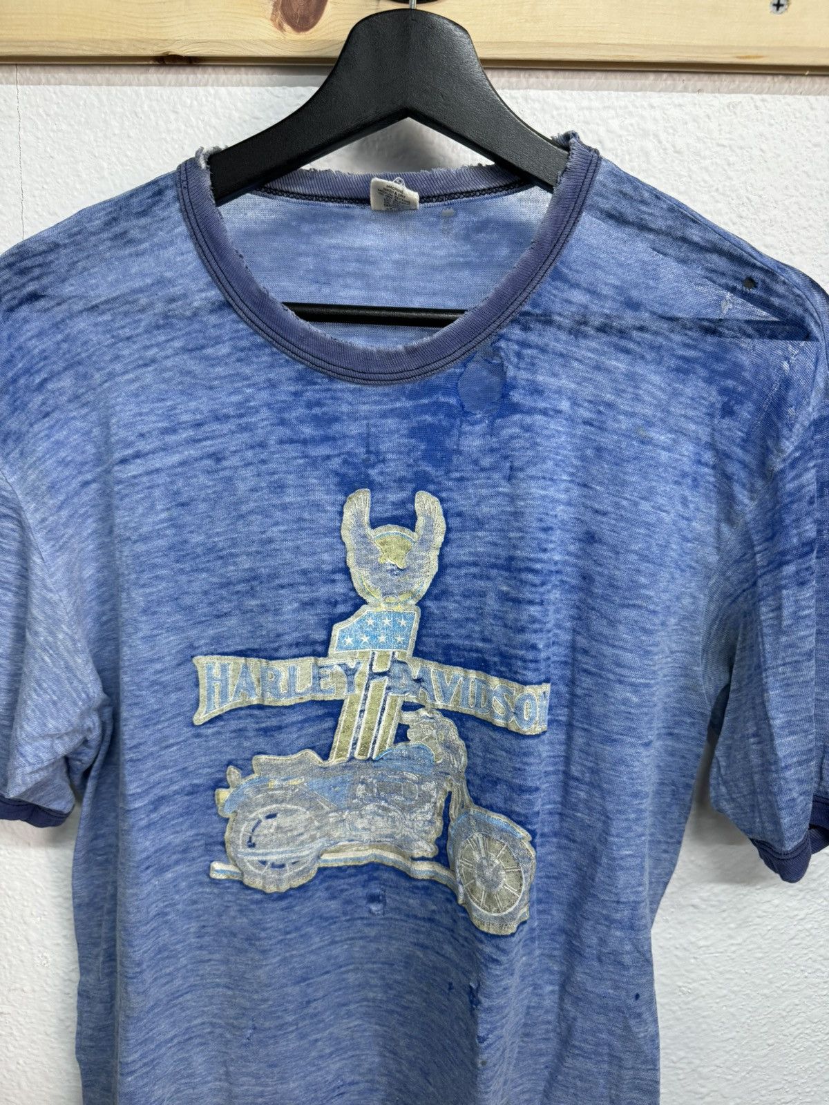 image of 1970S Paper Thin Harley Davidson Ringer T-Shirt in Blue, Men's (Size Medium)