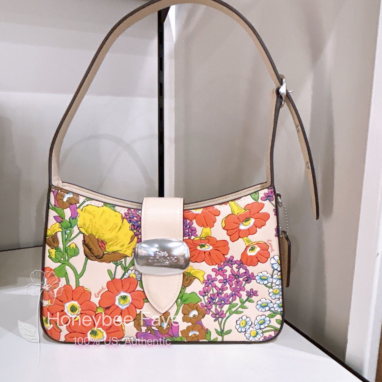 image of Coach Eliza Shoulder Bag With Floral Print Cr161 in Silver, Women's
