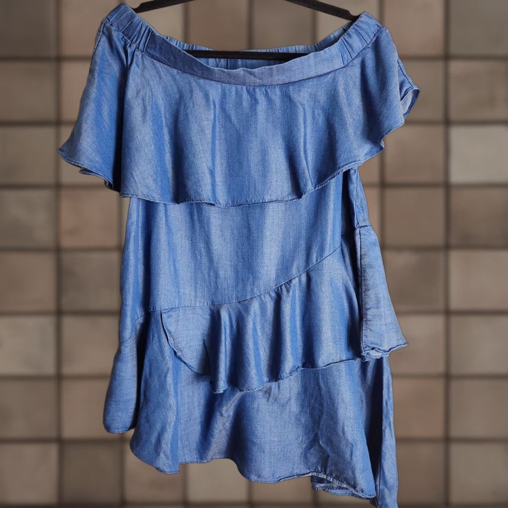 Vintage Easel Mini Dress Women Blue Chambray Off Shoulder Layered Short Sleeve Size S Size S / US 4 / IT 40 - 1 Thumbnail