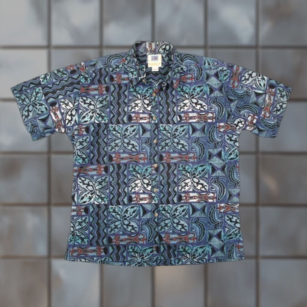 Vintage Kahala Avi Collection Men's Large Blue Short Sleeve Button-Up Hawaiian Shirt Abstract Geometric Tropical Size US L / EU 52-54 / 3 - 1 Thumbnail