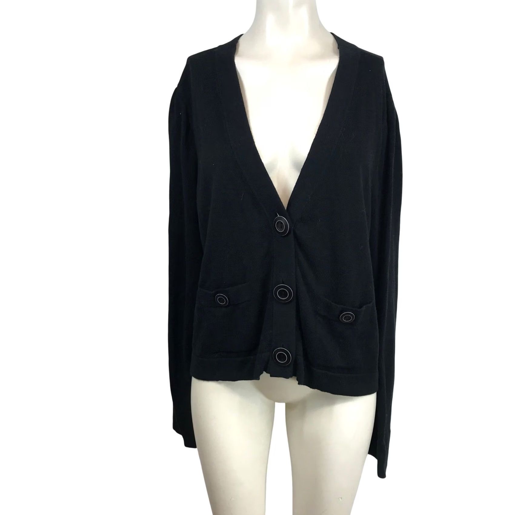 Vintage Cabi Black V-Neck Button Front Cardigan Sweater Puff Shoulder Large Women Size L / US 10 / IT 46 - 2 Thumbnail