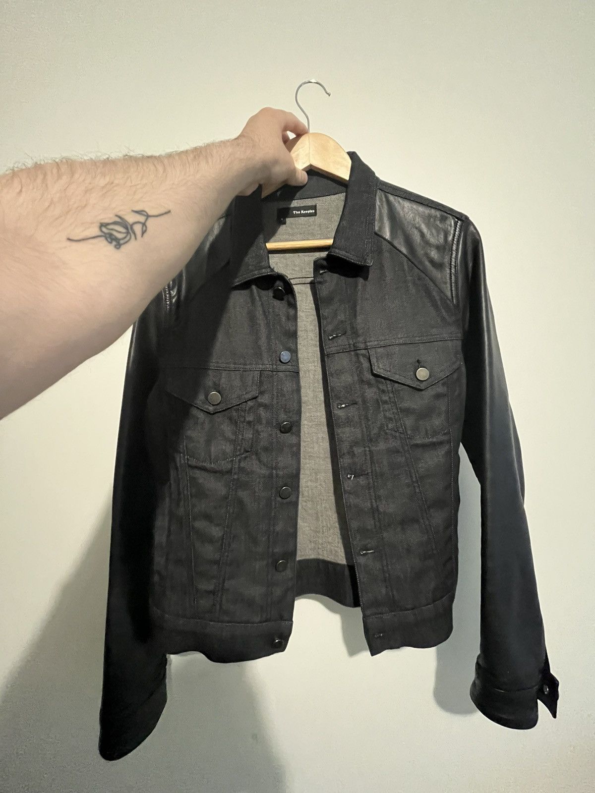 Image of The Kooples Leather Sleeve Trucker Jacket in Navy, Men's (Size Small)