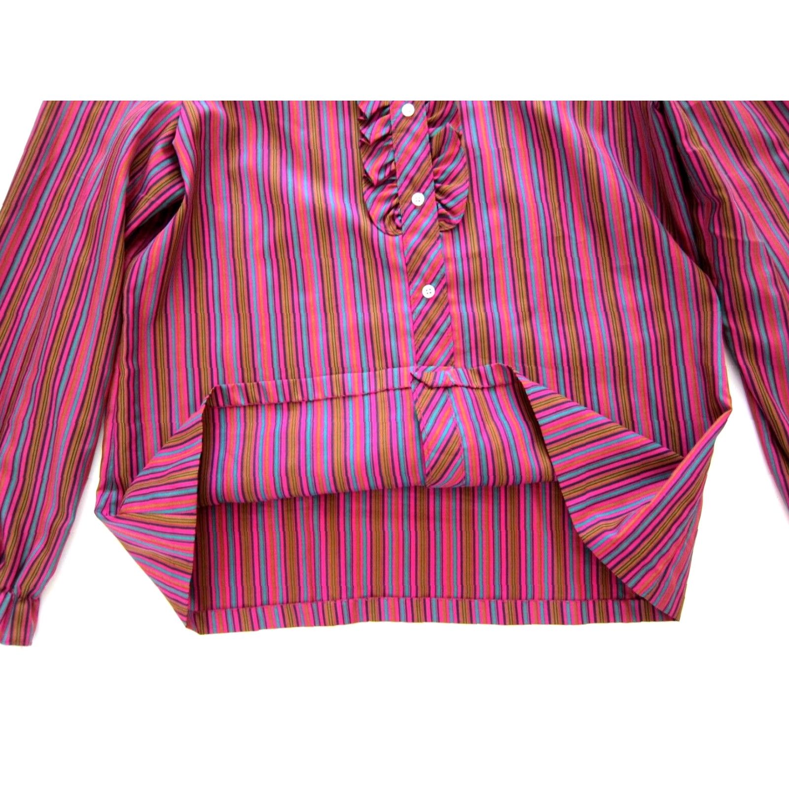 Vintage VINTAGE Lucky Me Pink Blouse Striped High Neck Long Sleeve Ruffle Button Large Women Size L / US 10 / IT 46 - 6 Thumbnail