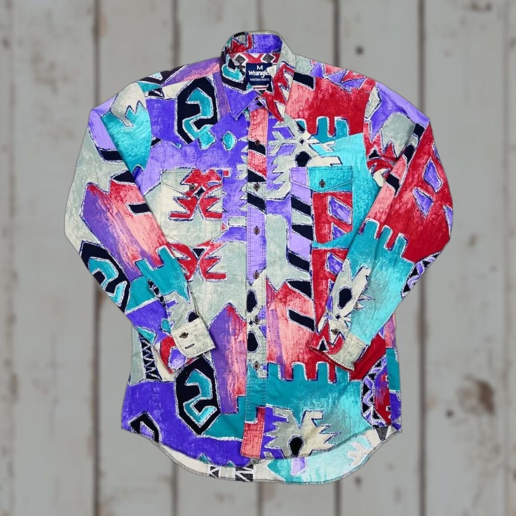 VINTAGE Wrangler Western Aztec All Over Print Button Up Shirt Mens Medium 15 Condition Pre-owned 80s 90s Vintage Western Shirt Men