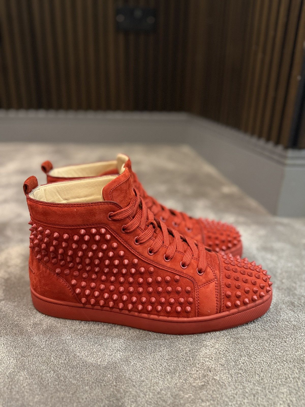 Christian Louboutin Christian Louboutin Red Suede Louis Spikes High Top Sneakers Size US 11 / EU 44 - 4 Thumbnail