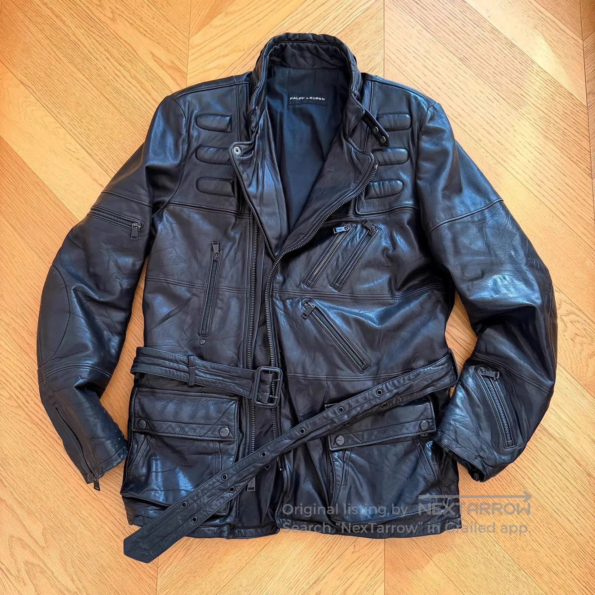 Polo Ralph Lauren Black Leather Biker Jacket with Belt . Size US L / EU 52-54 / 3 - 1 Thumbnail