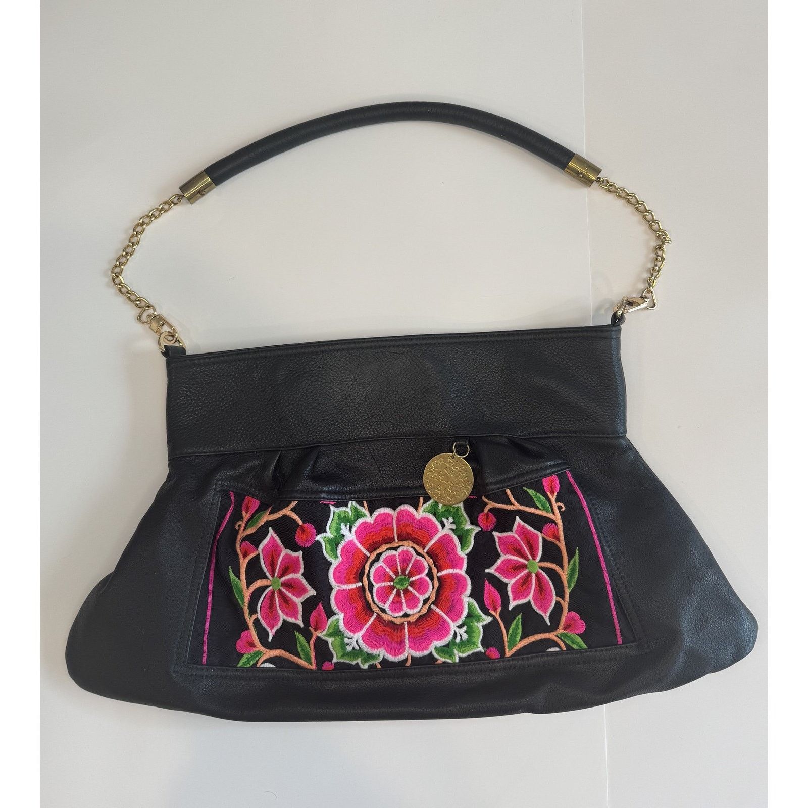 Furla × Tory Burch Blumera Embroidered Purse Womens Large Black Pink Floral Size ONE SIZE - 1 Thumbnail