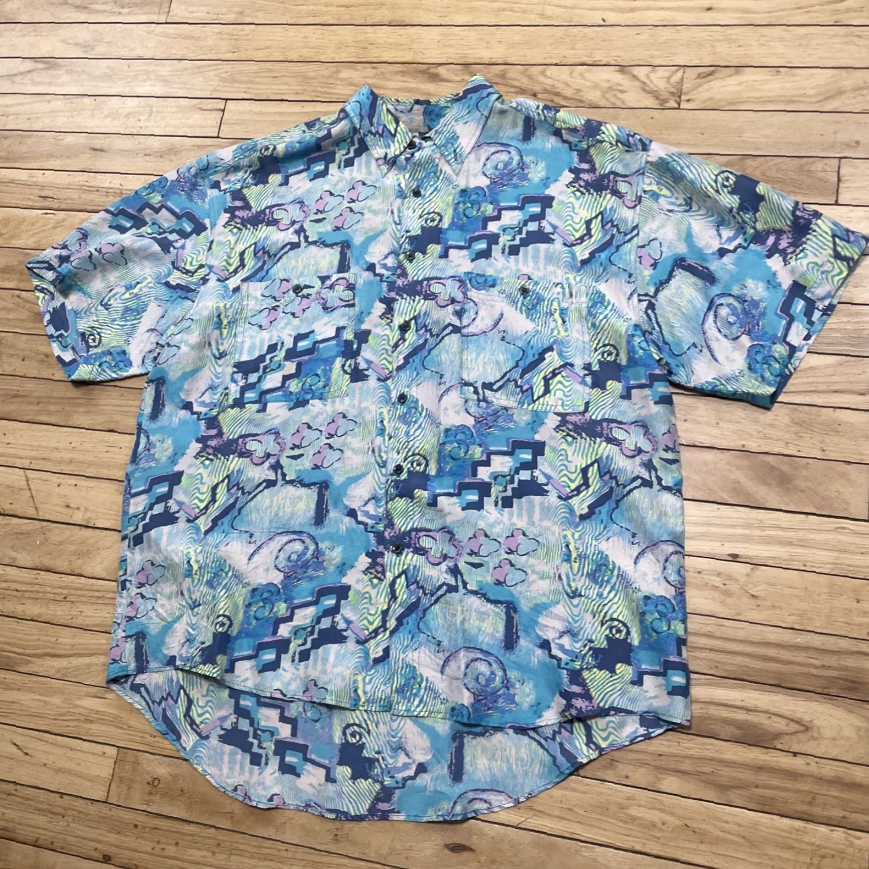 Vintage VINTAGE Michael's Fashions Hawaiian Silk Shirt Men L Turquoise Blue Green Geometric ShirtMens L, Turquoise Blue Green, Silk, Button-Up, Short Sleeve Size US L / EU 52-54 / 3 - 3 Thumbnail