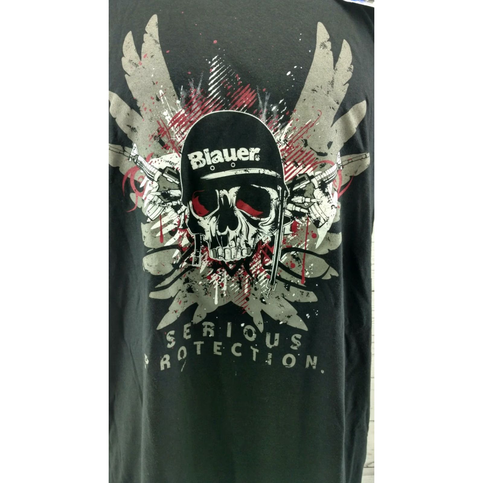 Vintage BLAUER Shirt Men XL Black Print T Shirt Skull Serious Protection Size US XL / EU 56 / 4 - 2 Thumbnail