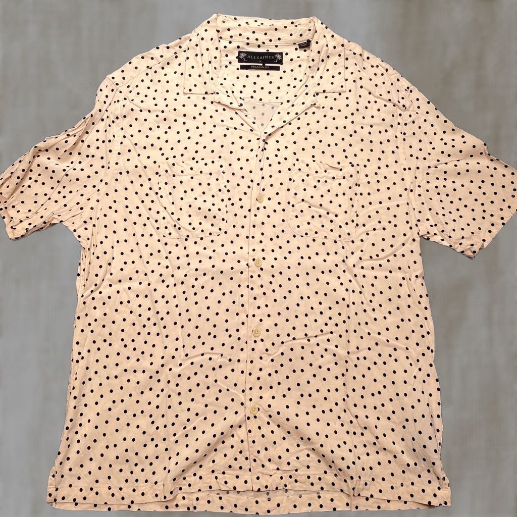 Allsaints AllSaints Shirt Mens Medium Beige Polka Dot Short Sleeve Button Up Relaxed Fit Size US M / EU 48-50 / 2 - 1 Thumbnail