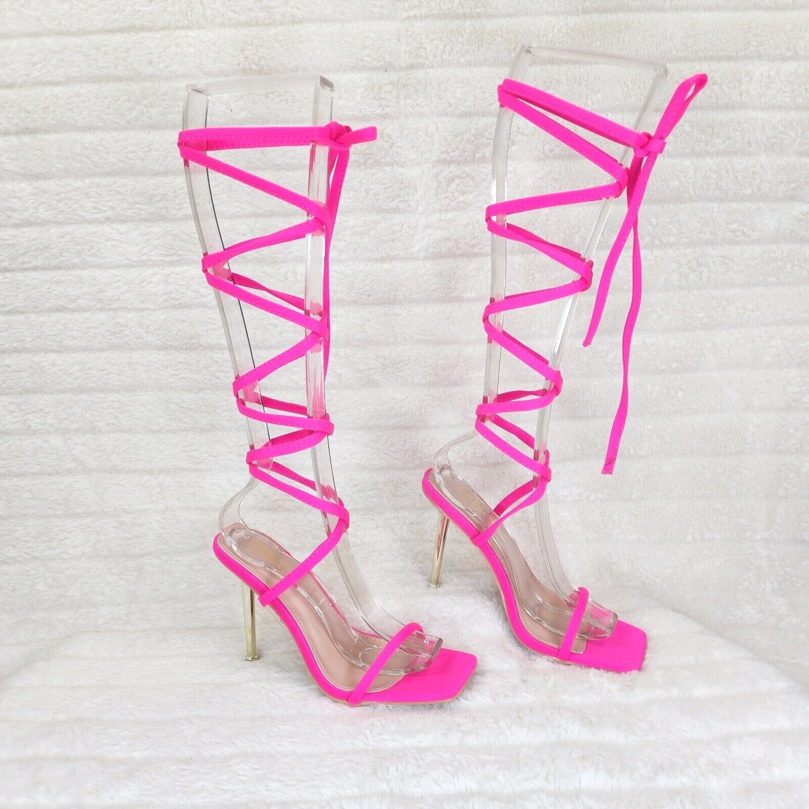 Other Chica Bright Neon Pink Sateen Long Lace Strappy Tie Up High Size US 9 / IT 39 - 2 Thumbnail