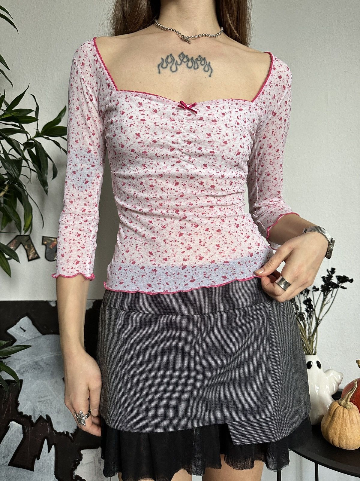 Japanese Brand × Vintage Baby Doll Cute Coquette Mesh Blouse Floral Top 3/4 Sleeve Size XS / US 0-2 / IT 36-38 - 1 Thumbnail