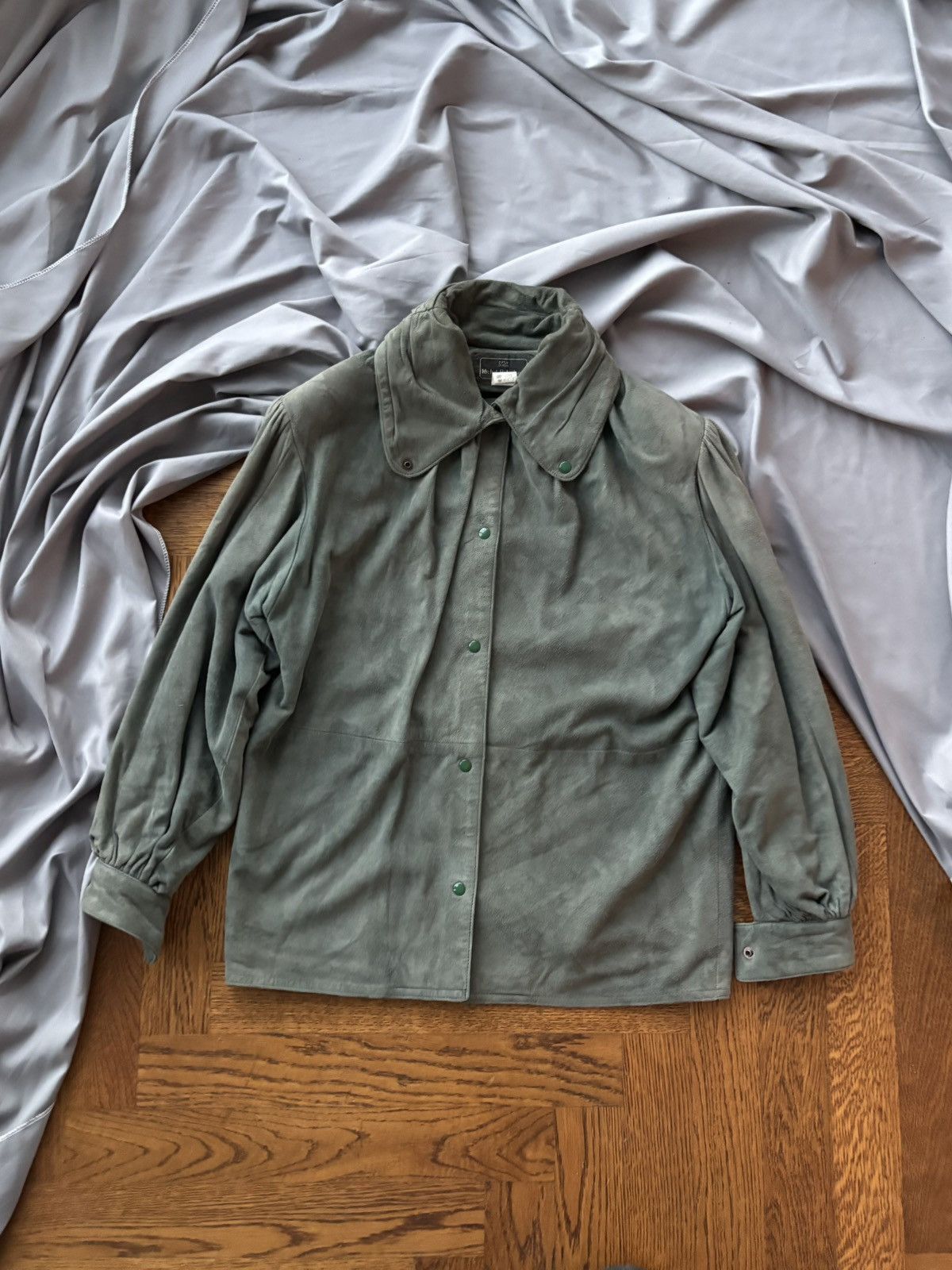 Vintage 1970s Suede Coat Vintage Sage Green Cropped Jacket Pleat 70s Size M / US 6-8 / IT 42-44 - 11 Thumbnail