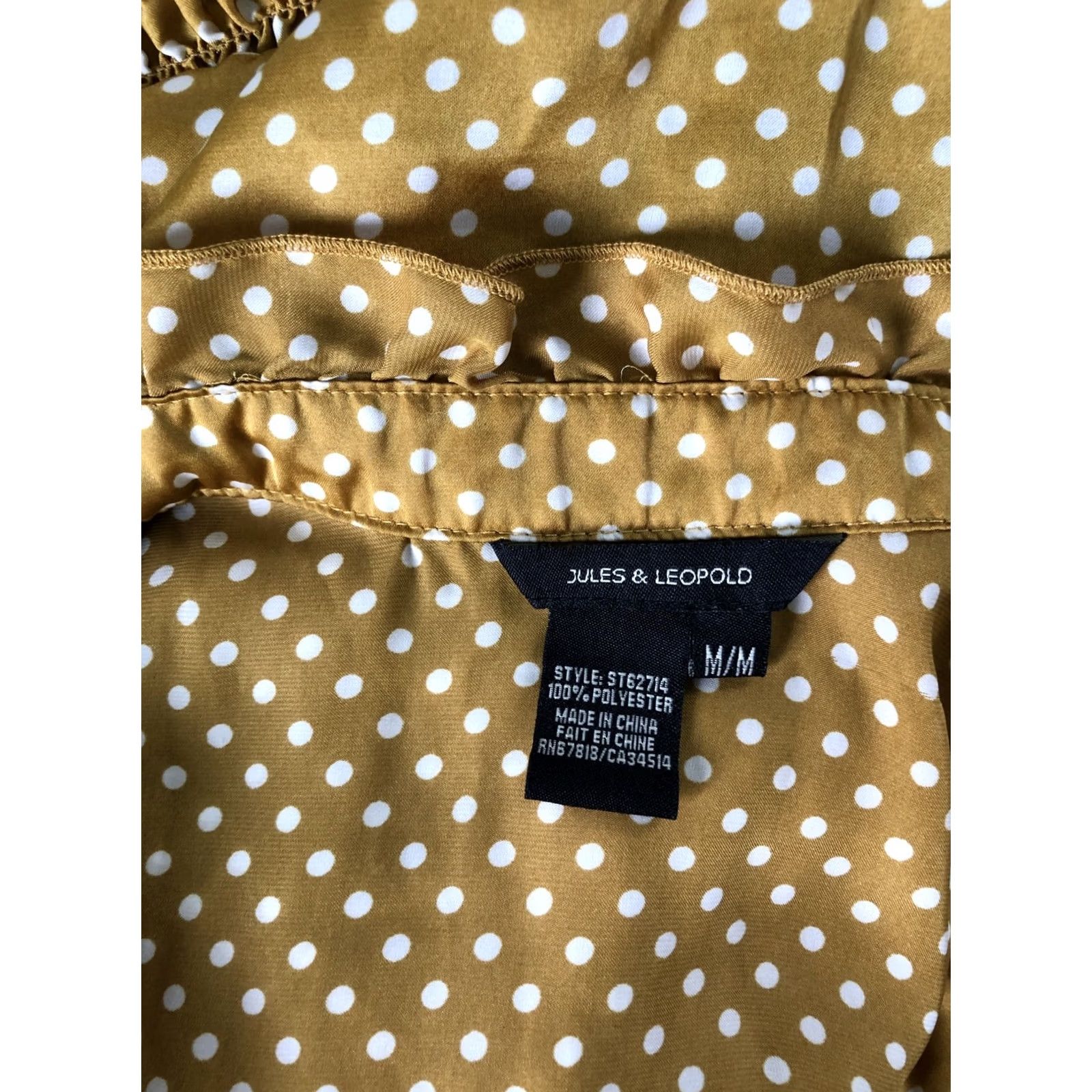 Vintage Jules Leopold Sleeveless Satin Top M Gold Polka Dot Ruffle Mock Neck Bow Smocked Blouse Womens Size M / US 6-8 / IT 42-44 - 4 Thumbnail