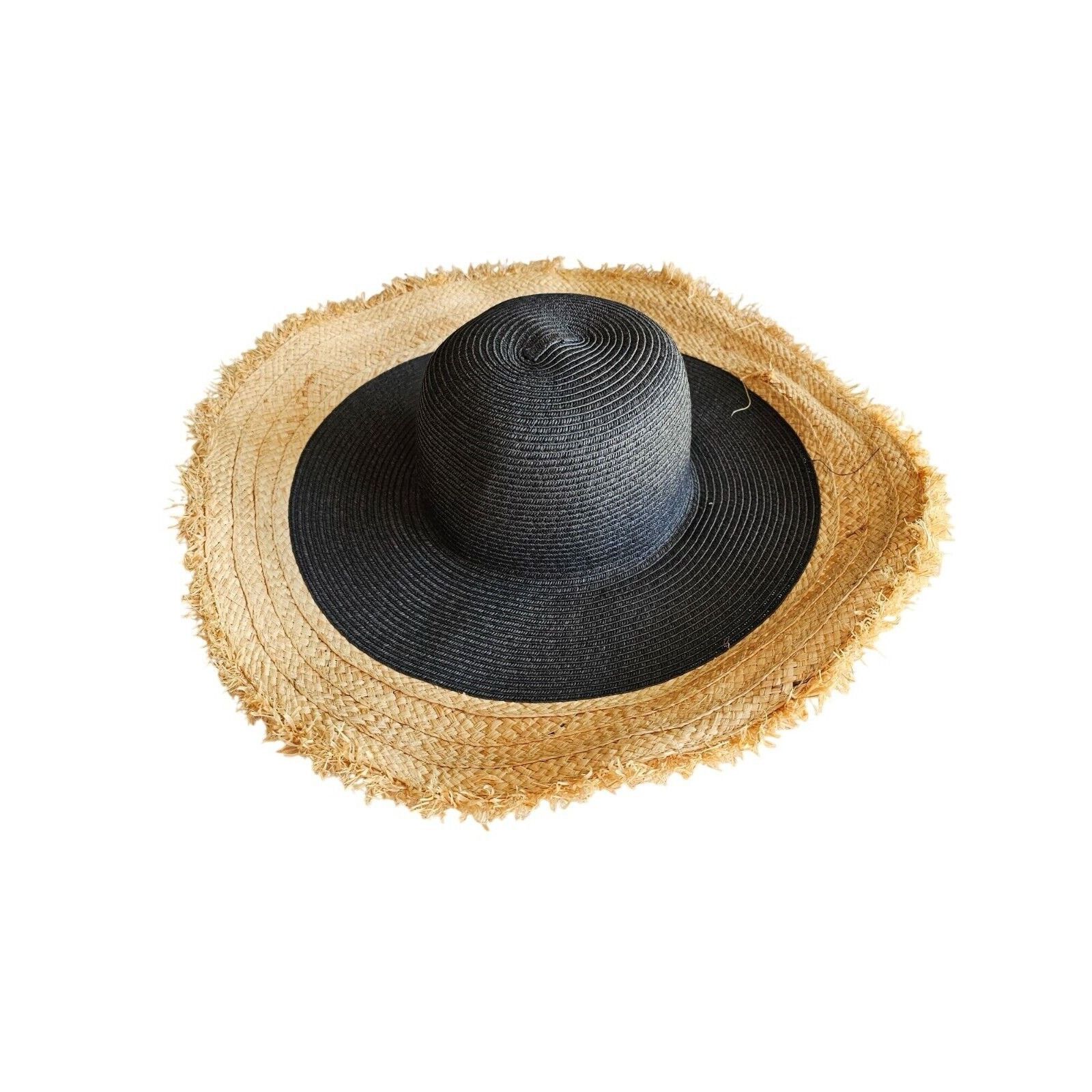 Bcbgmaxazria BCBGMAXAZRIA Black & Natural Frayed Brim Sun Hat Womens Size ONE SIZE - 1 Thumbnail