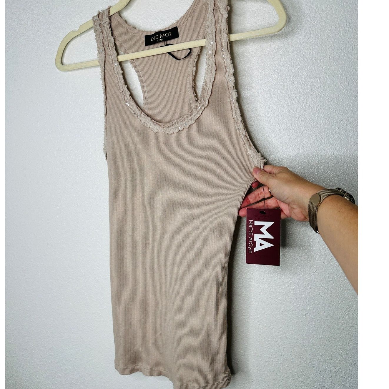 Other NWT Dis Moi Tan Rib Knit Racer Back Lace Edging Tank Top Size S / US 4 / IT 40 - 3 Thumbnail