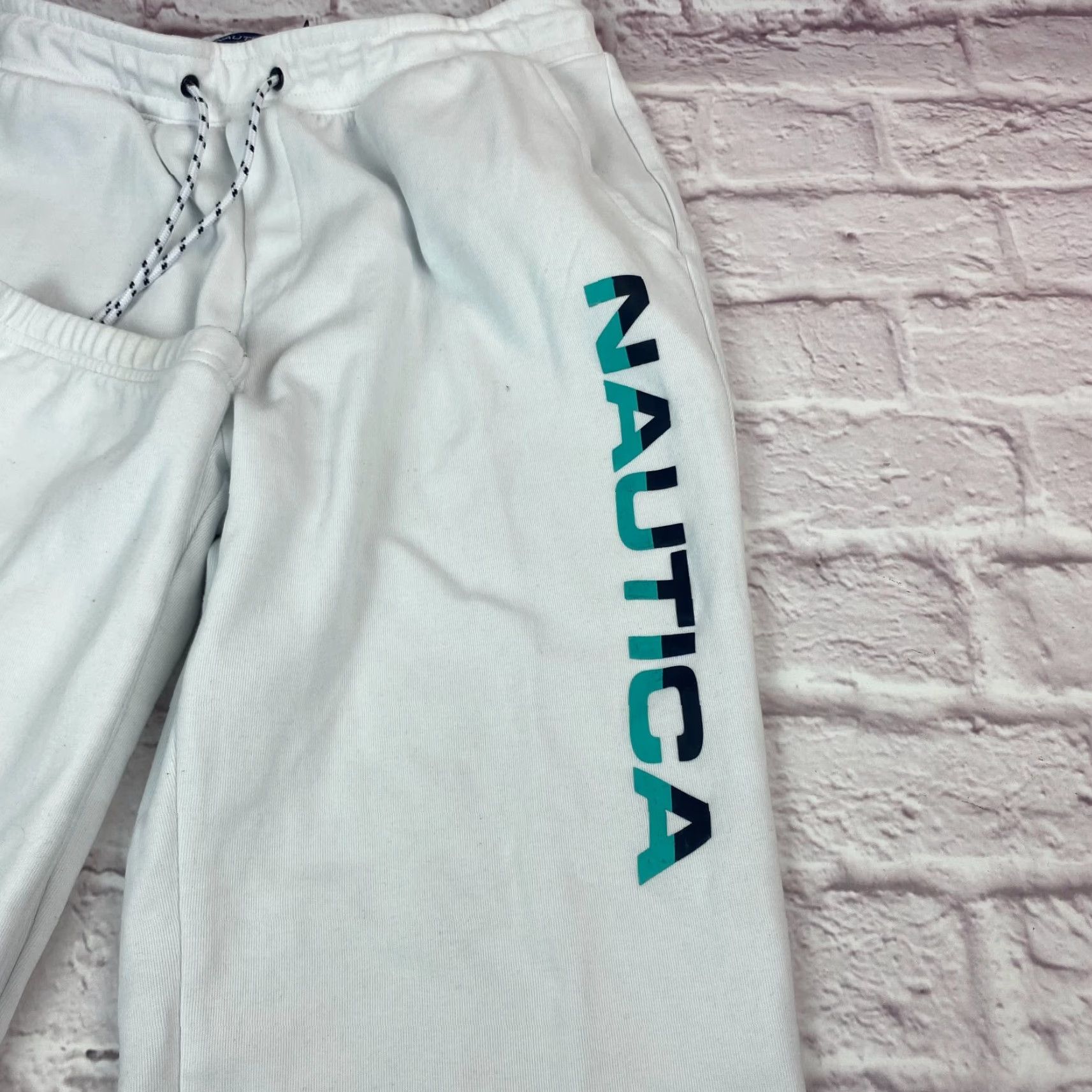 Nautica Nautica Sweatpants White Mens Cropped Size M Competition Classic Logo Graphic Drawstring Tapered Size US 31 - 2 Thumbnail