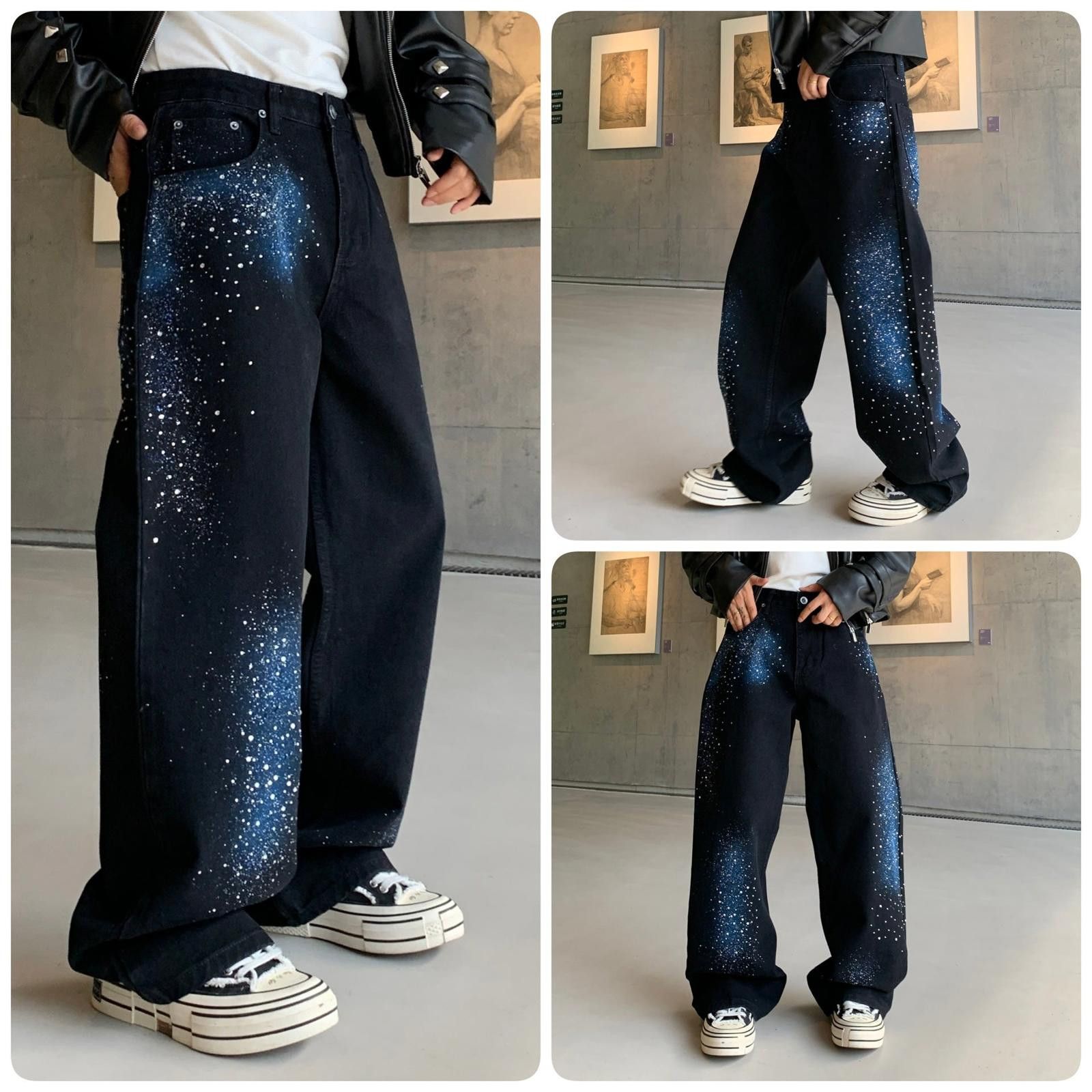 Japanese Brand Black Galaxy Print Wide Leg Jeans, Baggy Denim Pants Size US 32 / EU 48 - 5 Thumbnail
