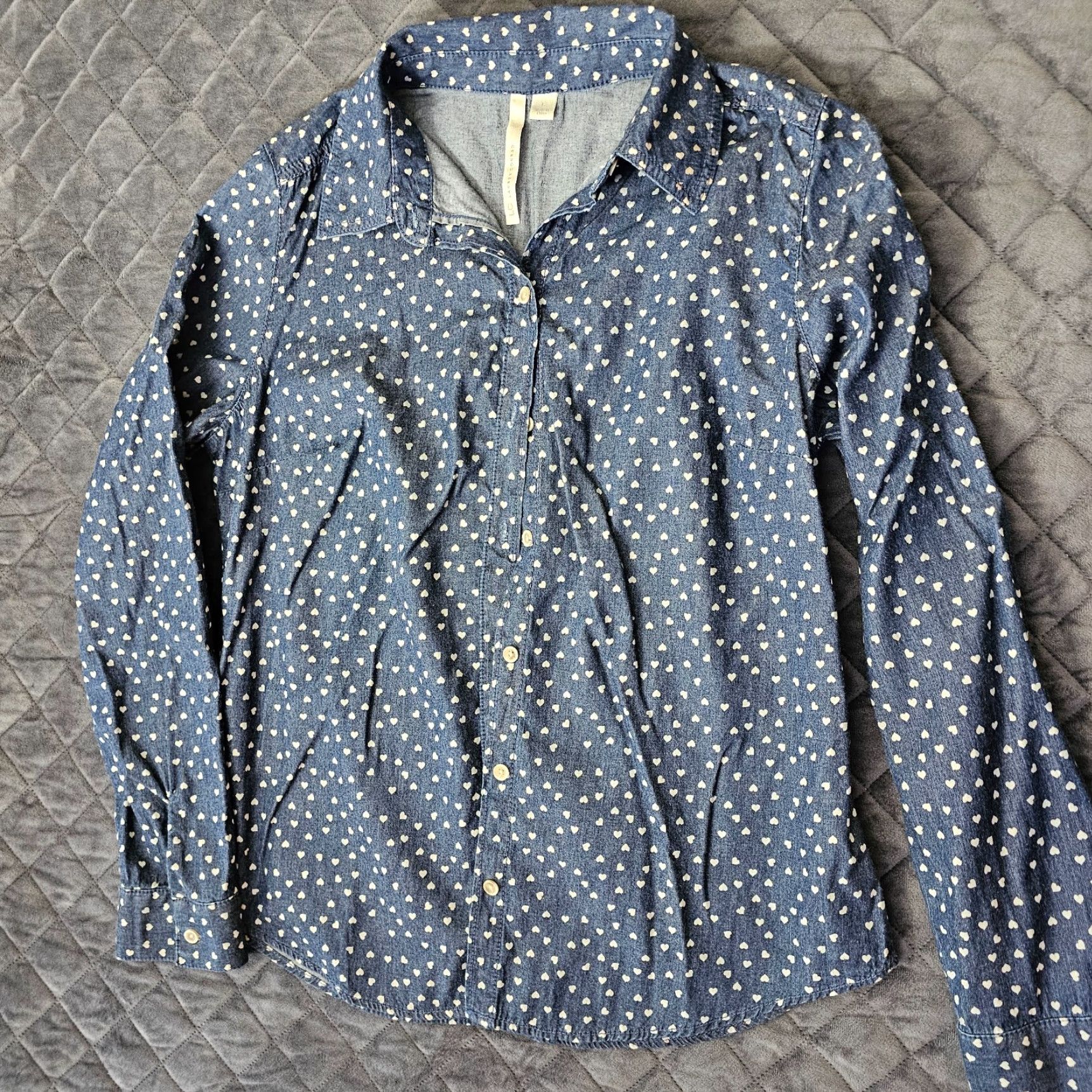 Vintage LC Lauren Conrad Large Button-Up Shirt Long Sleeve Blue Casual Heart Print Womens Size L / US 10 / IT 46 - 6 Thumbnail