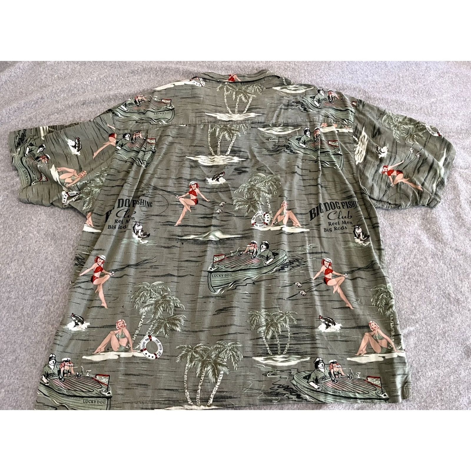 Big Dogs Big Dogs Fishing Bass Pinup Girls Rayon Hawaiian Shirt Mens 3XL XXXL Green Short Sleeve Button-Up Ocean/Sea/Coast Theme Mens Size US XXL / EU 58 / 5 - 6 Thumbnail