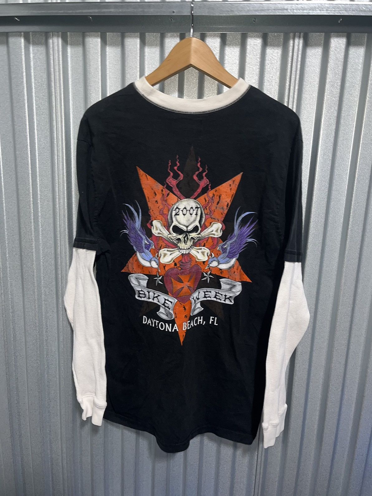 Image of Harley Davidson x Vintage Crazy Vintage Y2K Bike Week Skull Flame Logo Longsleeve in Black (Size XL