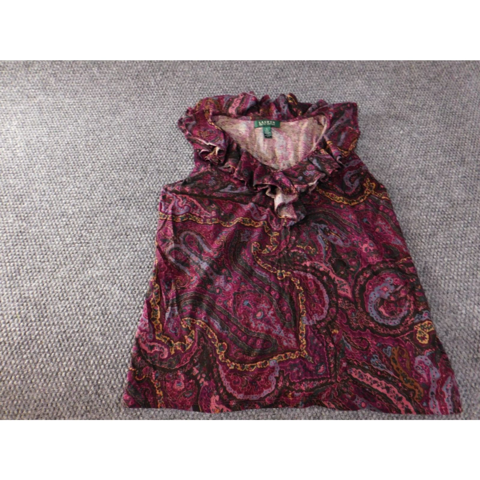 Ralph Lauren Lauren Ralph Lauren Blouse 1X Women Purple Paisley Knit V-Neck Pullover Ruffle Short Sleeveless Casual COTTON Knit Dressy Basic Size XL / US 12-14 / IT 48-50 - 3 Thumbnail