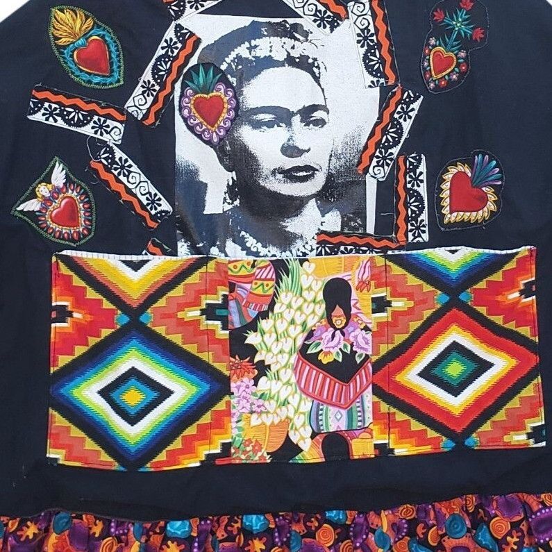 Handmade Frida Kahlo Bib Apron Colorful Handmade Black Cotton Plus Si Size XXL / US 16-18 / IT 52-54 - 2 Thumbnail