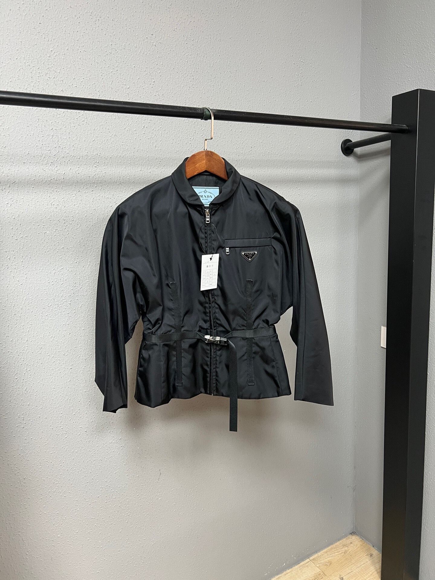 Prada black nylon belted jacket by Prada Size L / US 10 / IT 46 - 1 Thumbnail