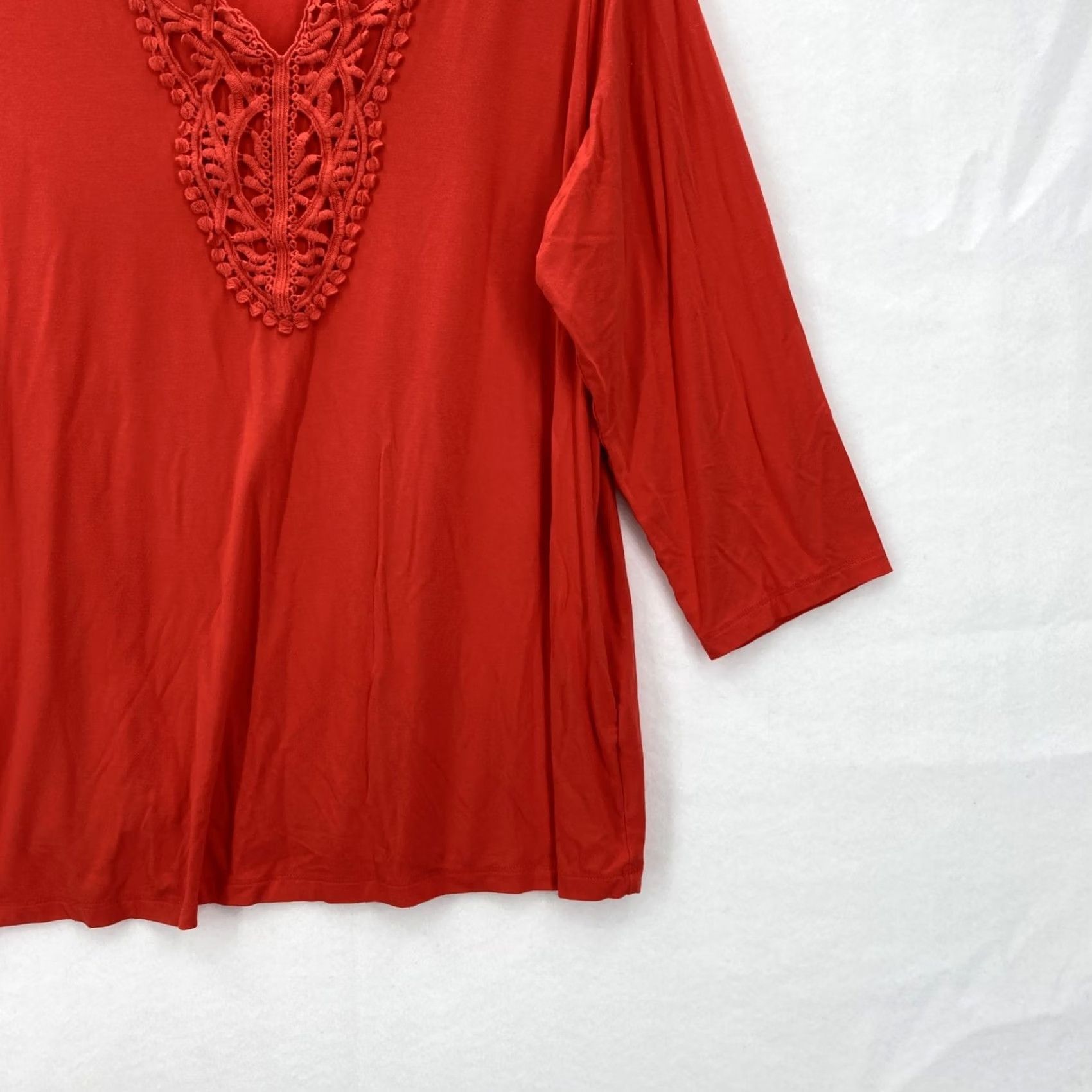 Vintage Susan Graver Shirt Womens 1X Red Crochet Trim 3/4 Sleeve Boho Pullover Top Size XL / US 12-14 / IT 48-50 - 3 Thumbnail