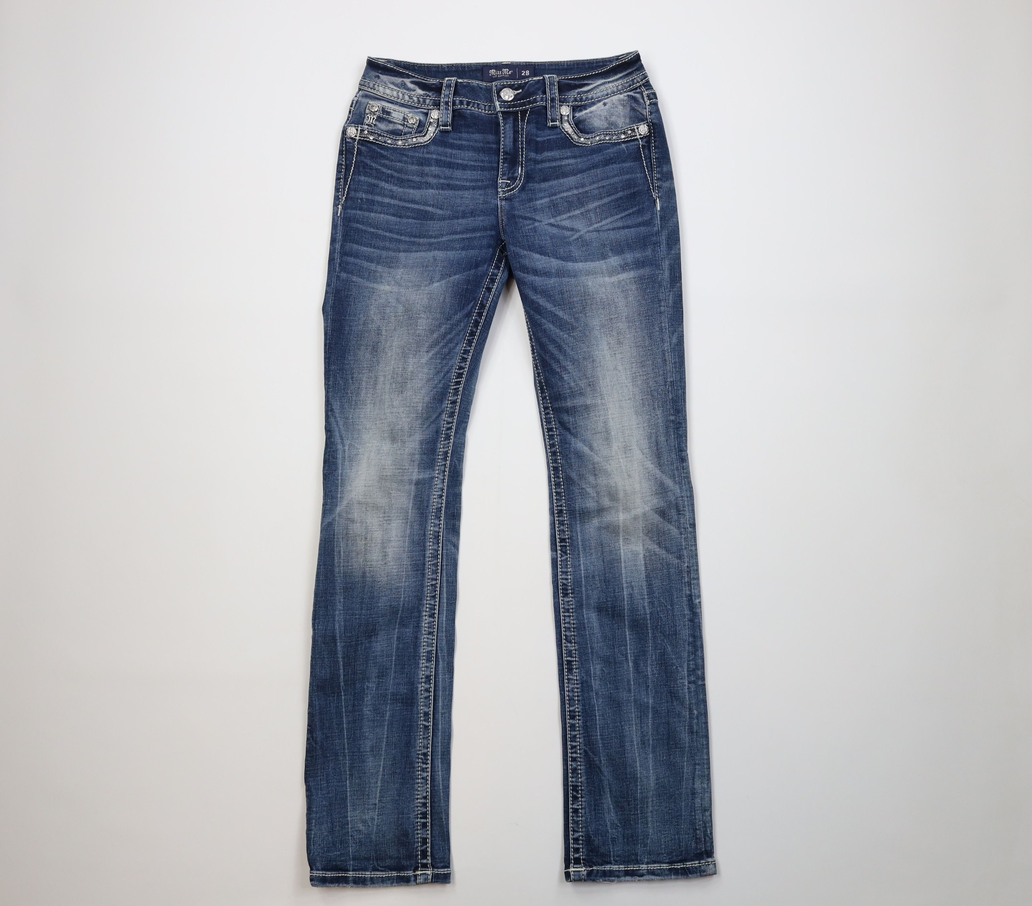 Miss Me Miss Me Mid Rise Straight Leg Jeweled Denim Jeans Stretch Size 28" / US 6 / IT 42 - 1 Thumbnail