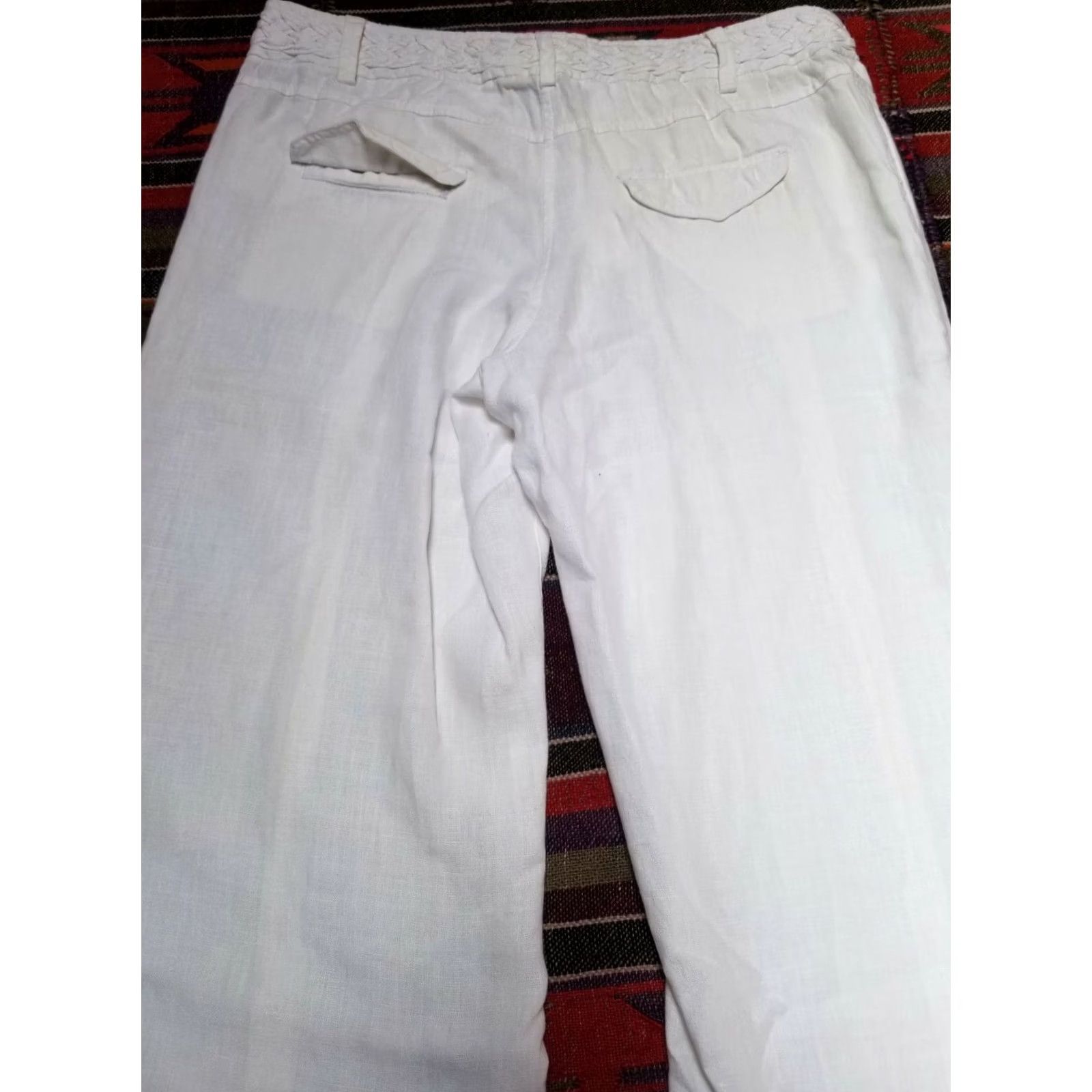 Vintage Womens High Rise Pants Extended Button Tab Braided Waist 100% Linen White Sz 14 Size 36" / US 14 / IT 50 - 2 Thumbnail
