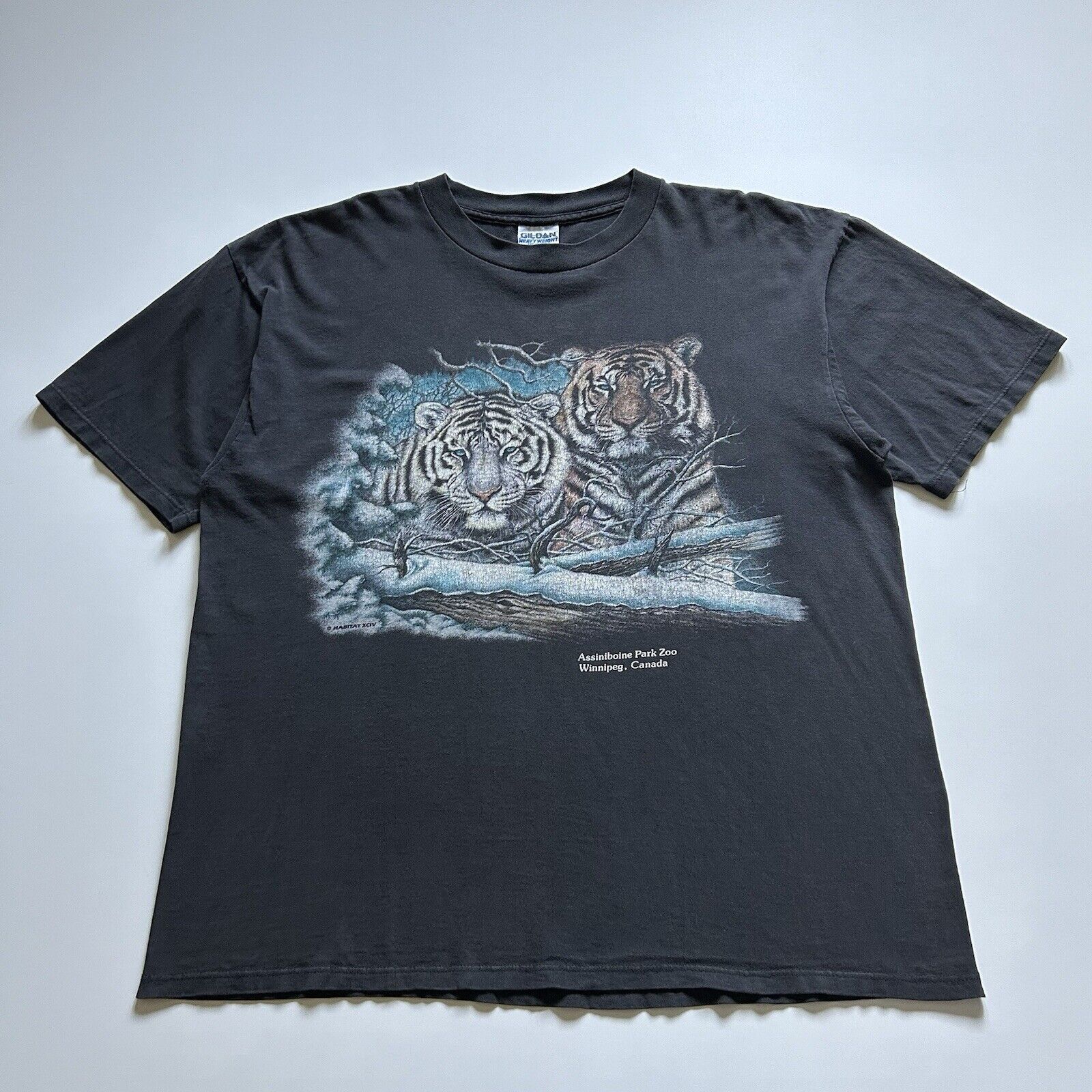 Vintage 90s White Tiger Animal Art T Shirt XL Faded Black