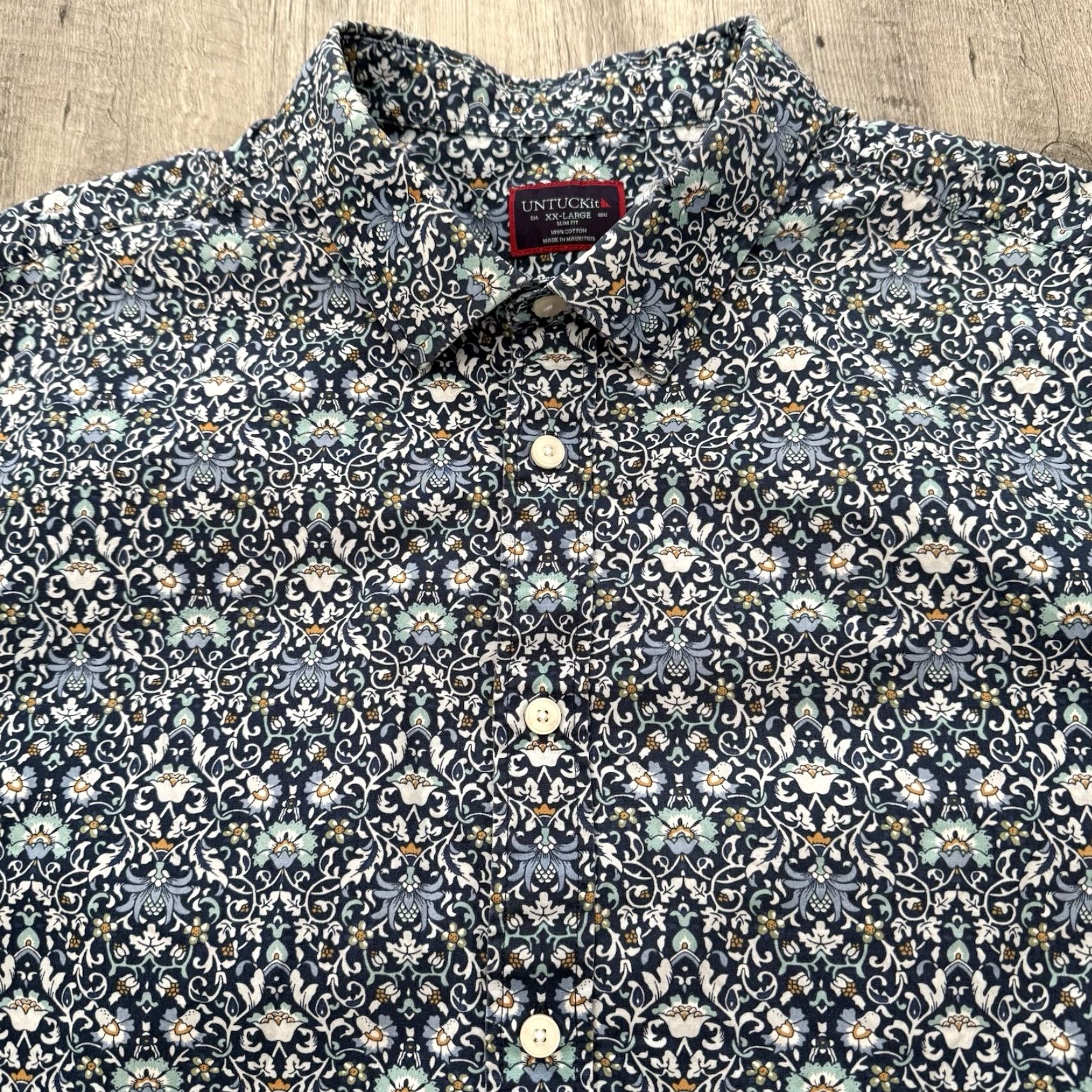 UNTUCKit UNTUCKit Shirt Men XXL 2XL Blue Floral Short Sleeve Alverdi Slim Fit 100% Cotton Size US XXL / EU 58 / 5 - 7 Thumbnail