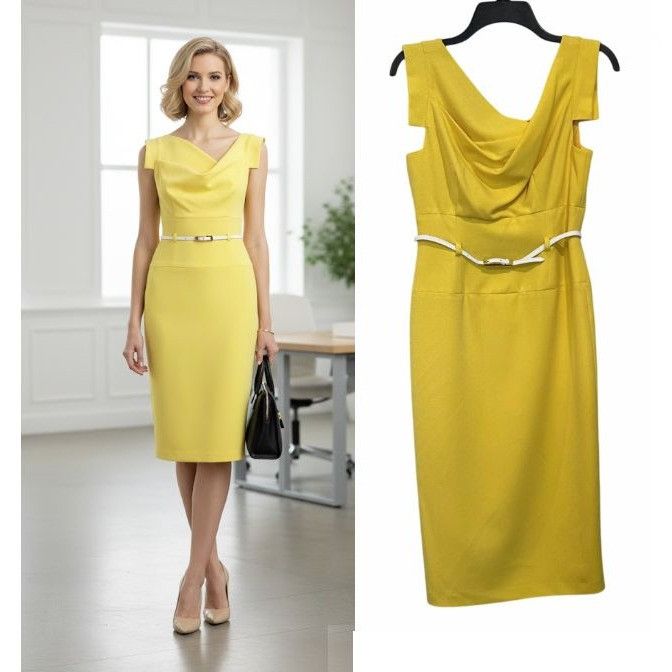 Black Halo ✨Black Halo Yellow Sheath Dress Cowl Neck Midi Business Offi Size S / US 4 / IT 40 - 1 Thumbnail