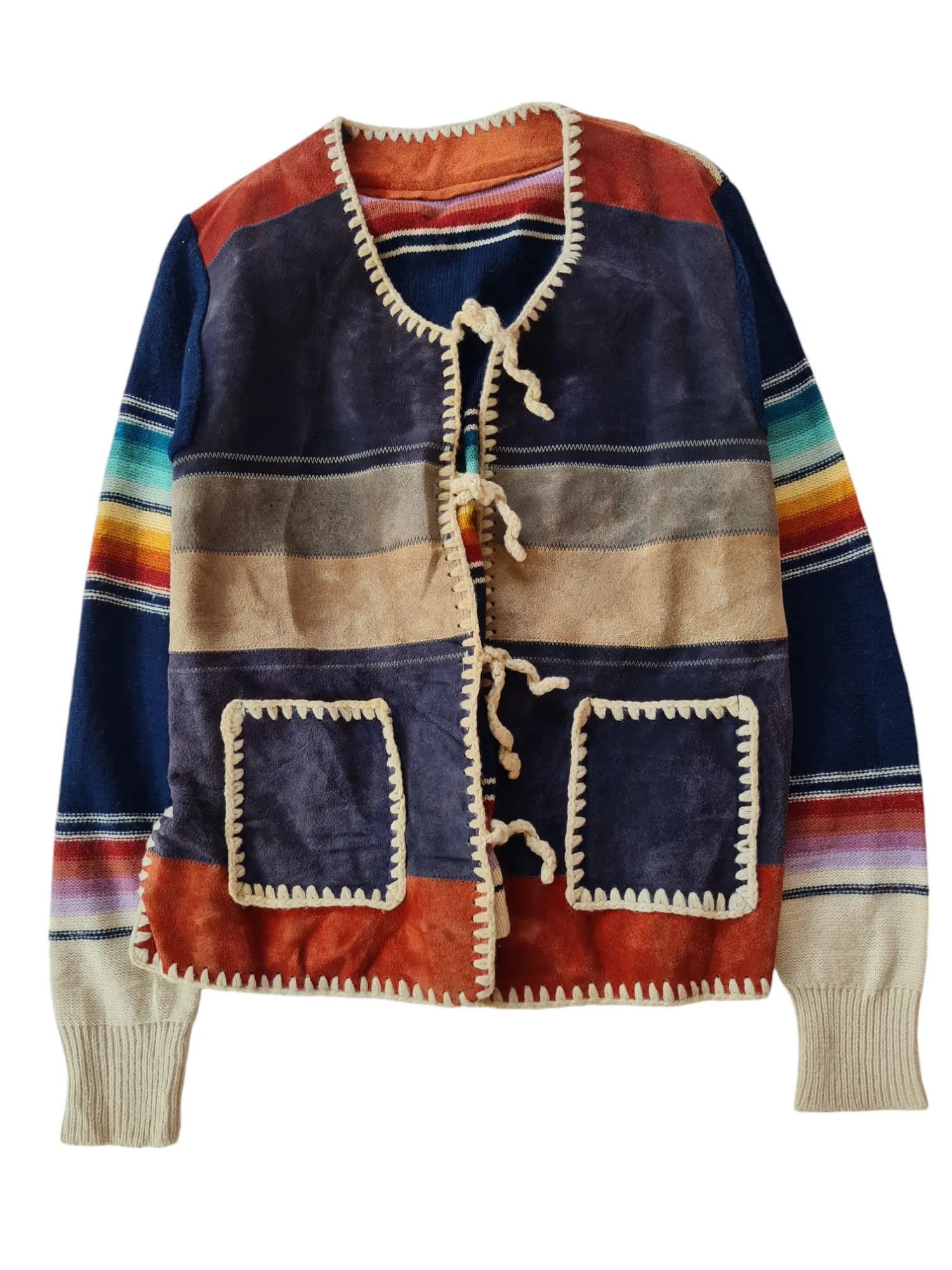 KNIT & SUEDE STRIPED TEXTILE PATCHWORK CARDIGAN