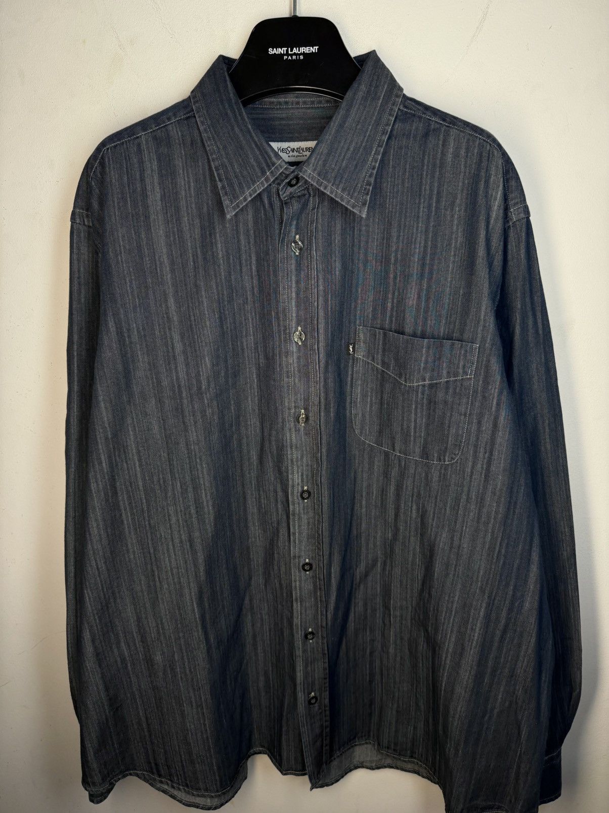 Yves Saint Laurent 🇮🇹 YSL Denim Shirt Rive Gauche Overshirt Button Up Collar Size US XL / EU 56 / 4 - 2 Thumbnail