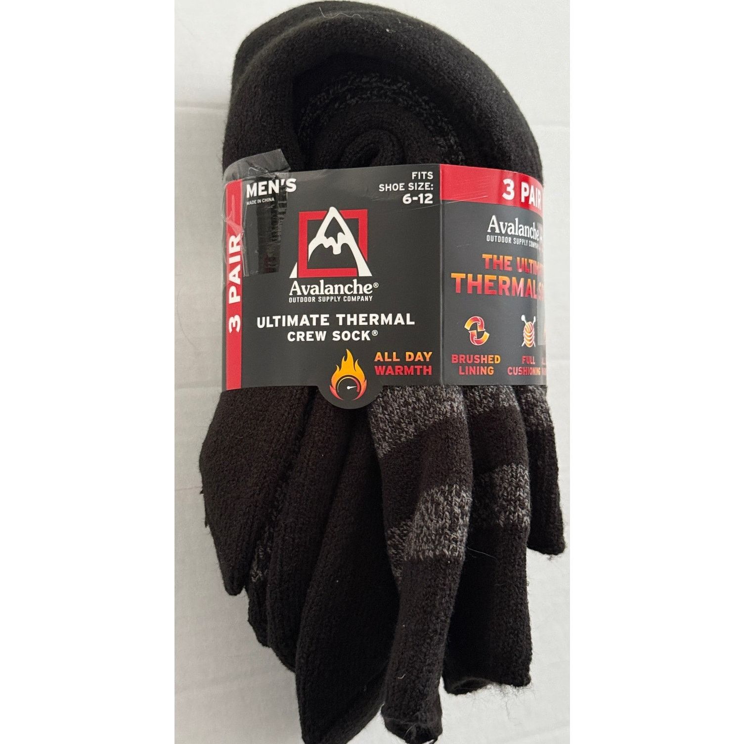 Avalanche Avalanche Outdoor Supply 3pk Thermal Crew Socks Black 6-12 Size ONE SIZE - 3 Thumbnail