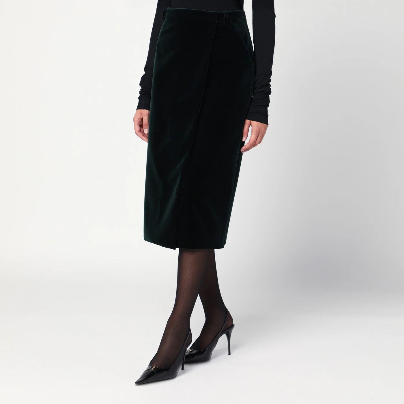 Saint Laurent Paris o1d2blof0526 Velvet Wrap Midi Skirt in Dark Green Size 27" / US 4 / IT 40 - 3 Thumbnail