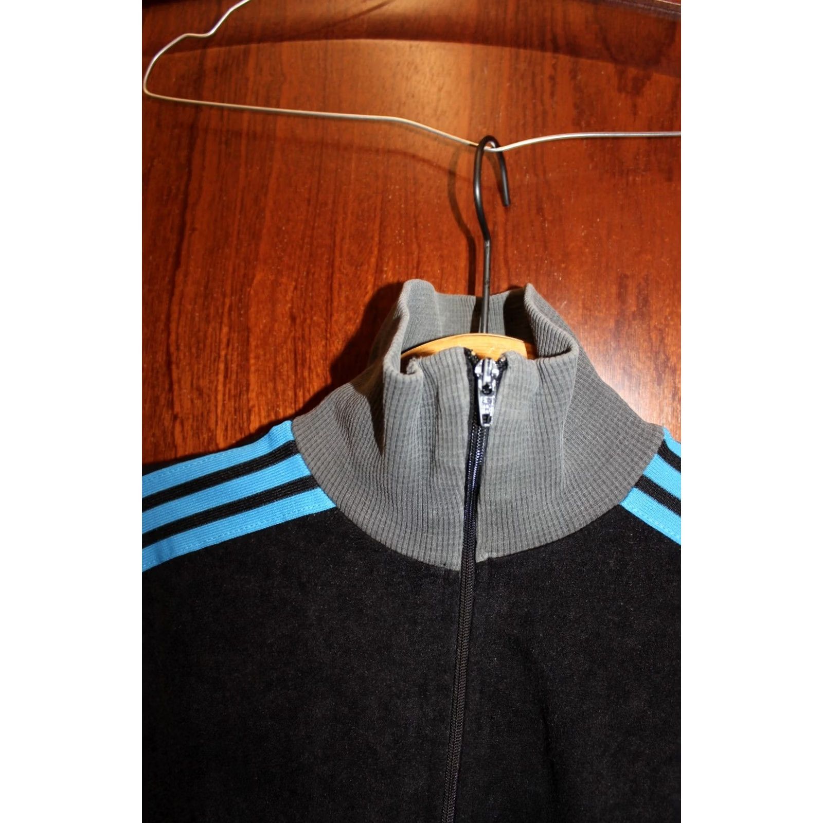 Adidas VINTAGE Adidas Track Jacket Unisex Adults L Black with blue stripes 1980s Ventex France Jeans? Size US L / EU 52-54 / 3 - 3 Thumbnail