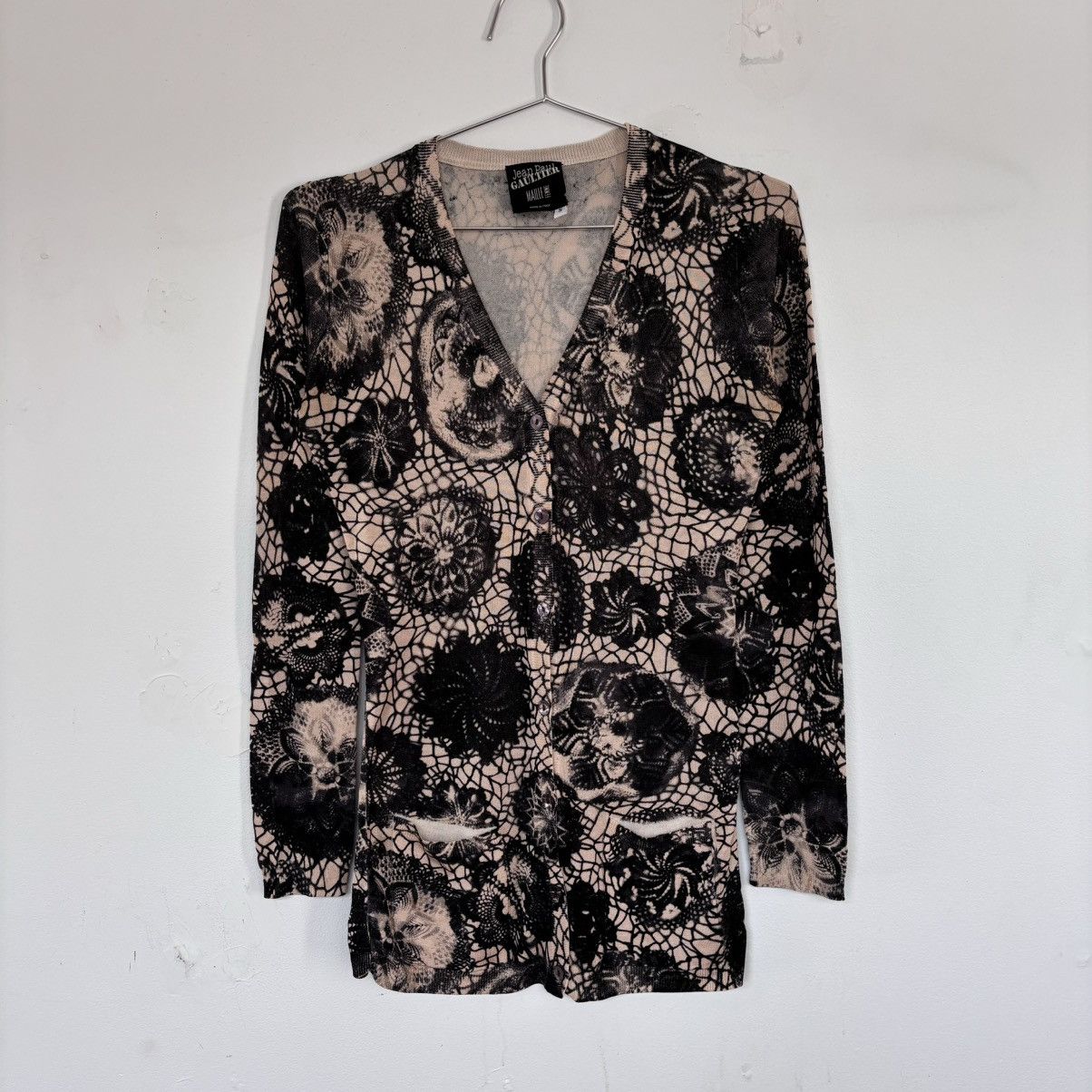 image of Jean Paul Gaultier x Vintage 90's Flower Spider Web Print Jpg Cardigan Sweater in Tan, Women's (Siz